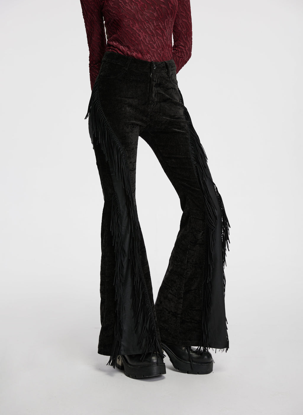 Punk Rave Morrigan Wasteland Tassel Goth Flare Trousers - Black