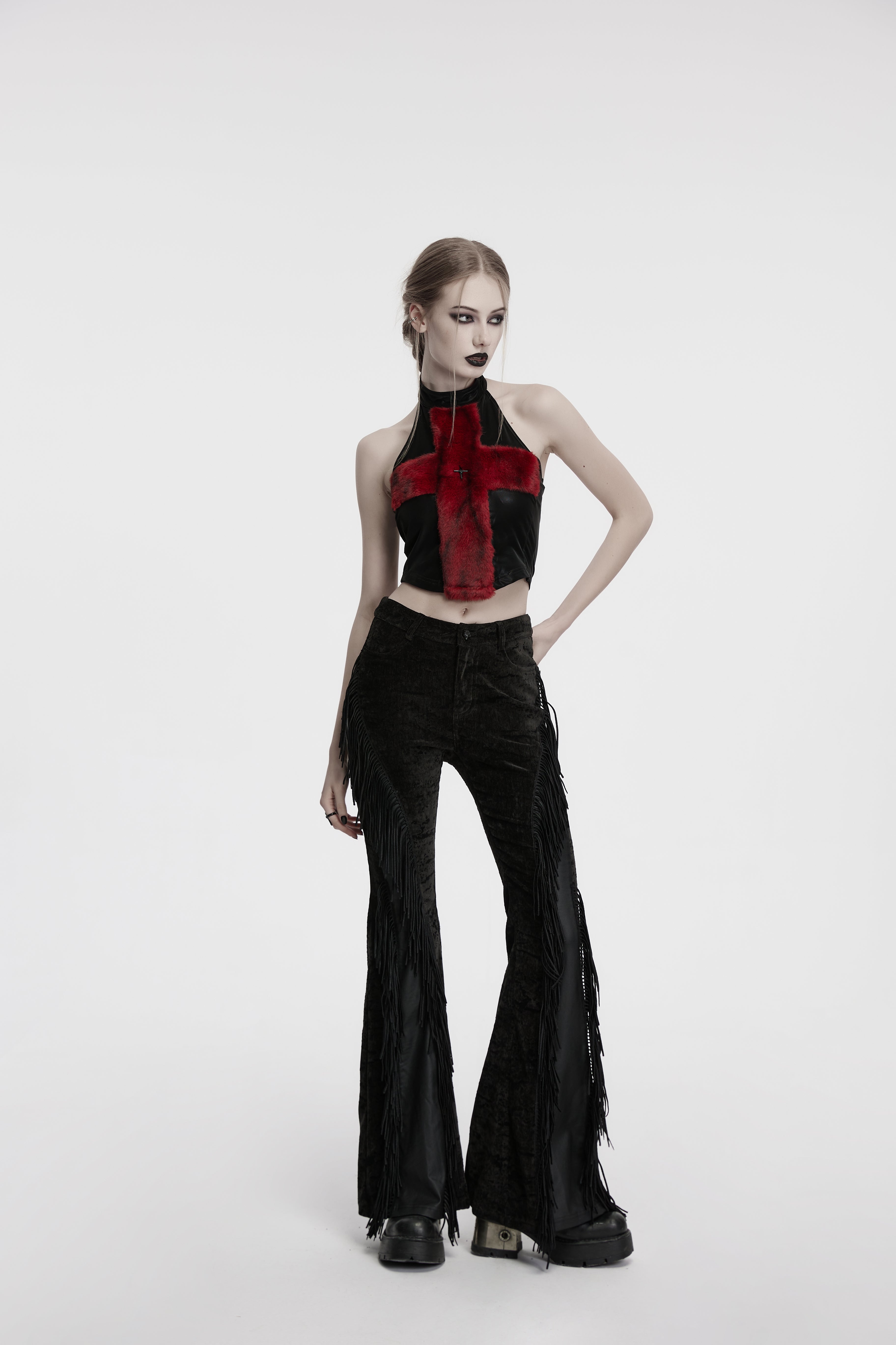 Punk Rave Morrigan Wasteland Tassel Goth Flare Trousers - Black