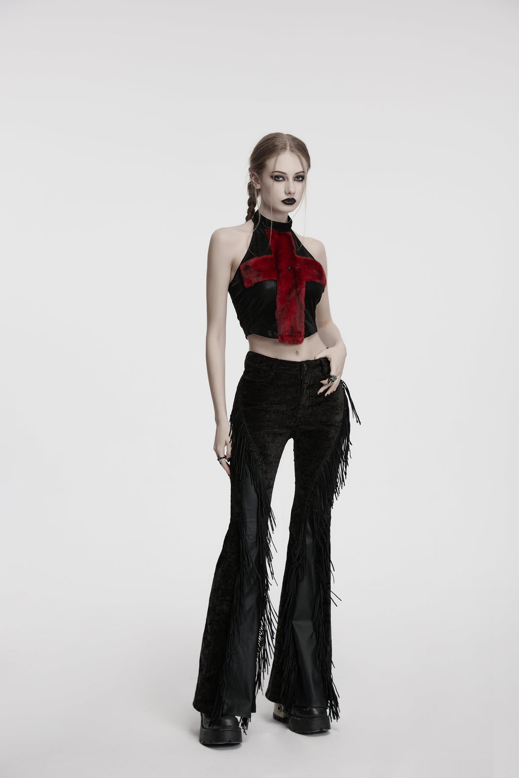 Punk Rave Morrigan Wasteland Tassel Goth Flare Trousers - Black