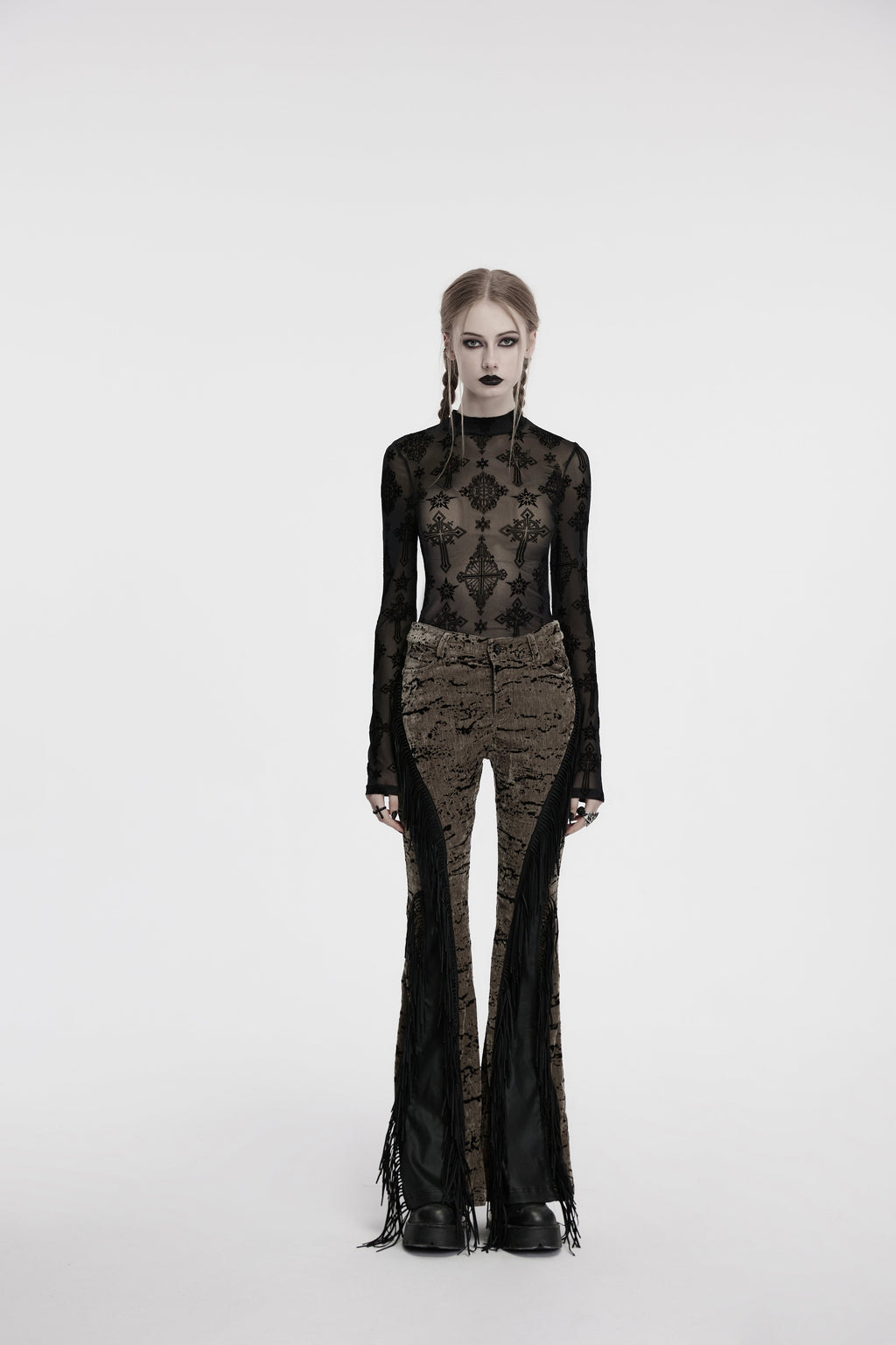 Punk Rave Ravena Cross Flocking Mesh Top – Gothic Sheer Long Sleeve