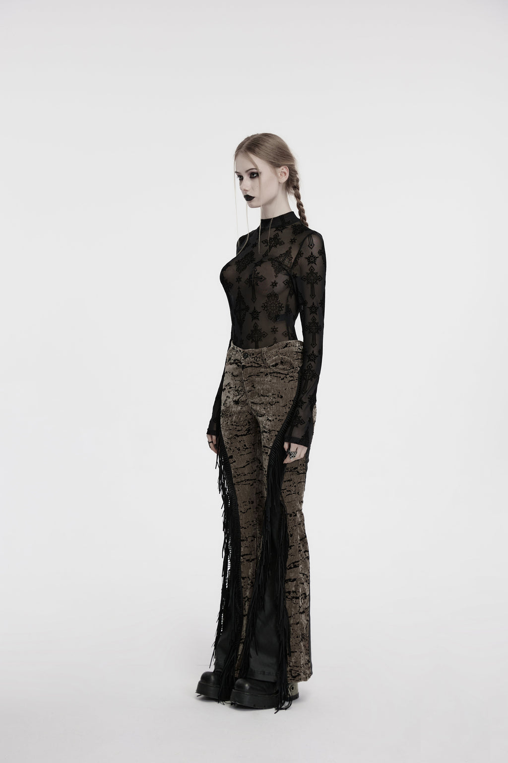 Punk Rave Ravena Cross Flocking Mesh Top – Gothic Sheer Long Sleeve