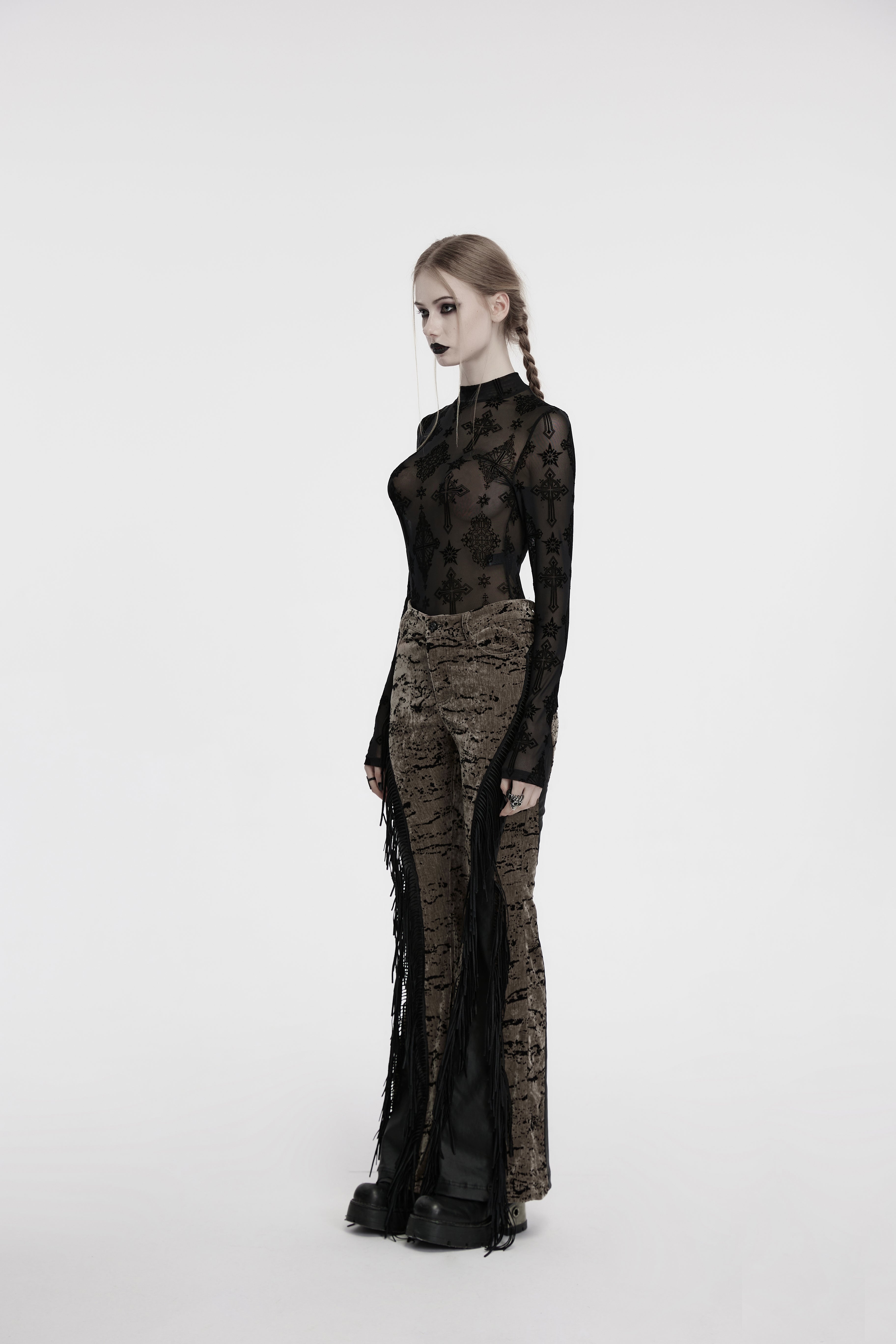 Punk Rave Ravena Cross Flocking Mesh Top – Gothic Sheer Long Sleeve