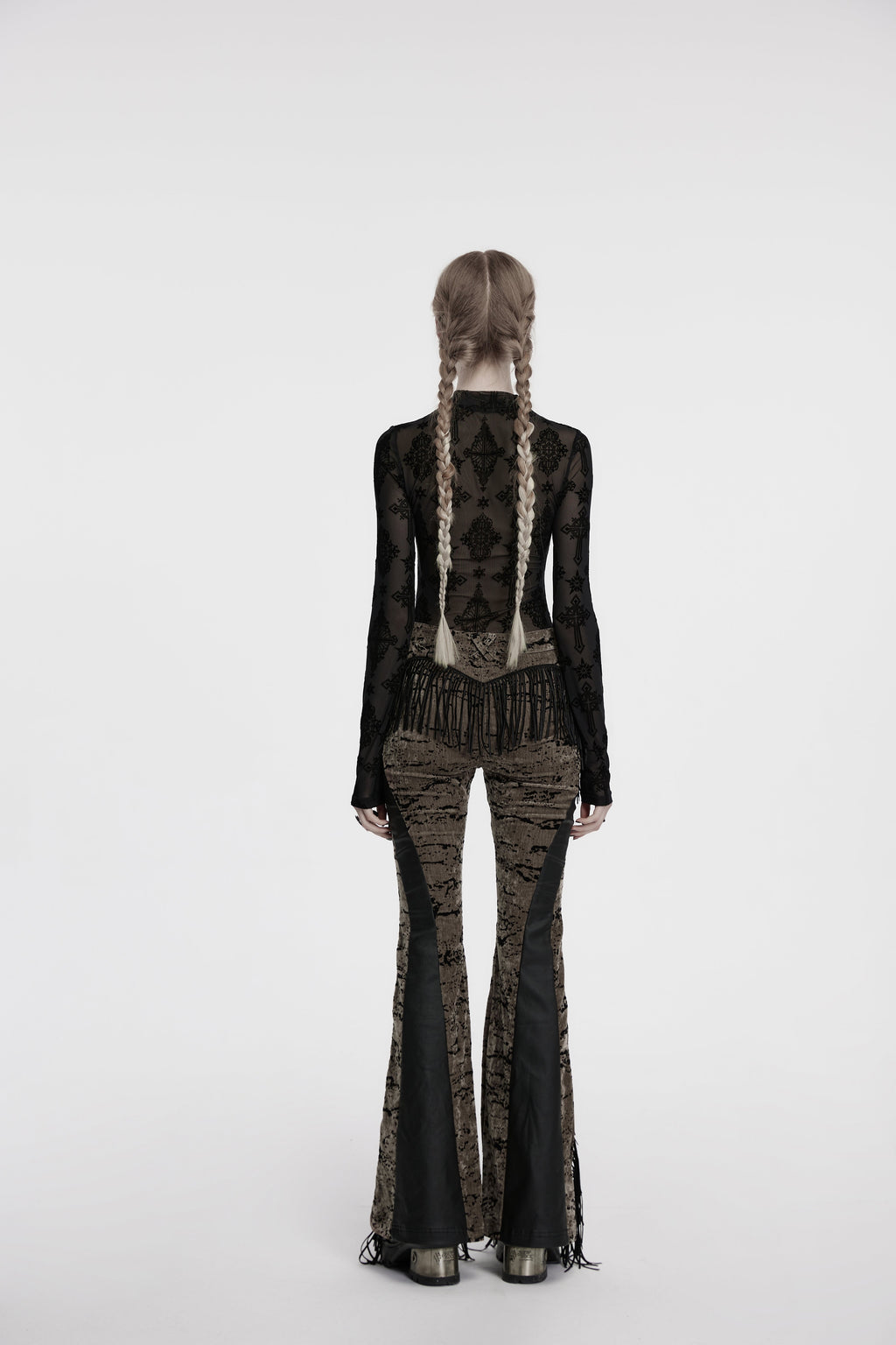 Punk Rave Ravena Cross Flocking Mesh Top – Gothic Sheer Long Sleeve