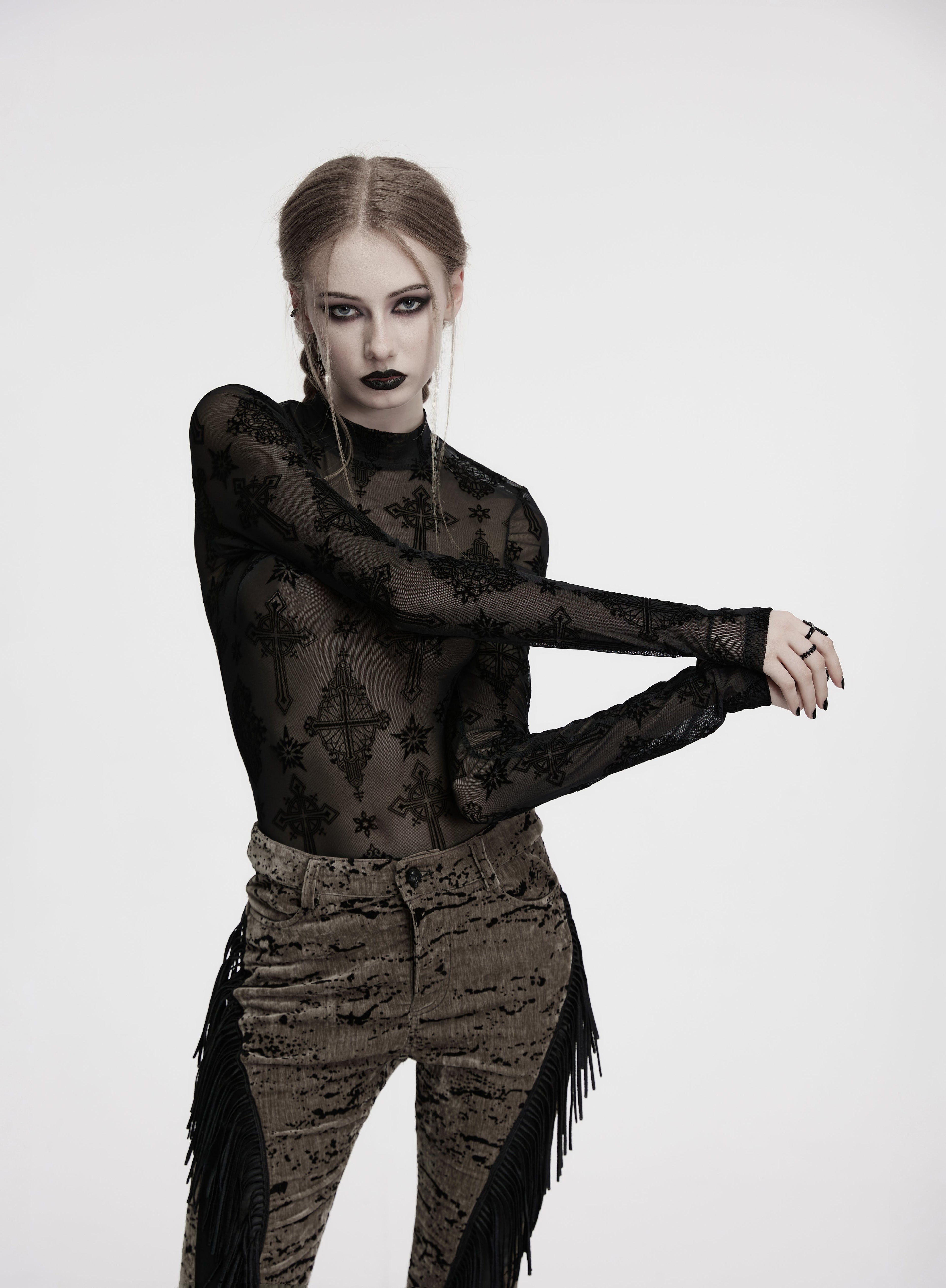 Punk Rave Ravena Cross Flocking Mesh Top – Gothic Sheer Long Sleeve