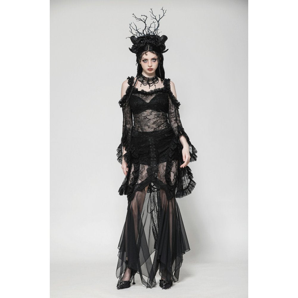 Dark in Love Nevaeh Gothic Lace and Mesh Mermaid Skirt – Black Embroidery
