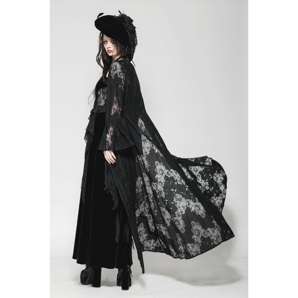 Dark in Love Emersyn Gothic Long Robe – Floral Lace Bell Sleeve