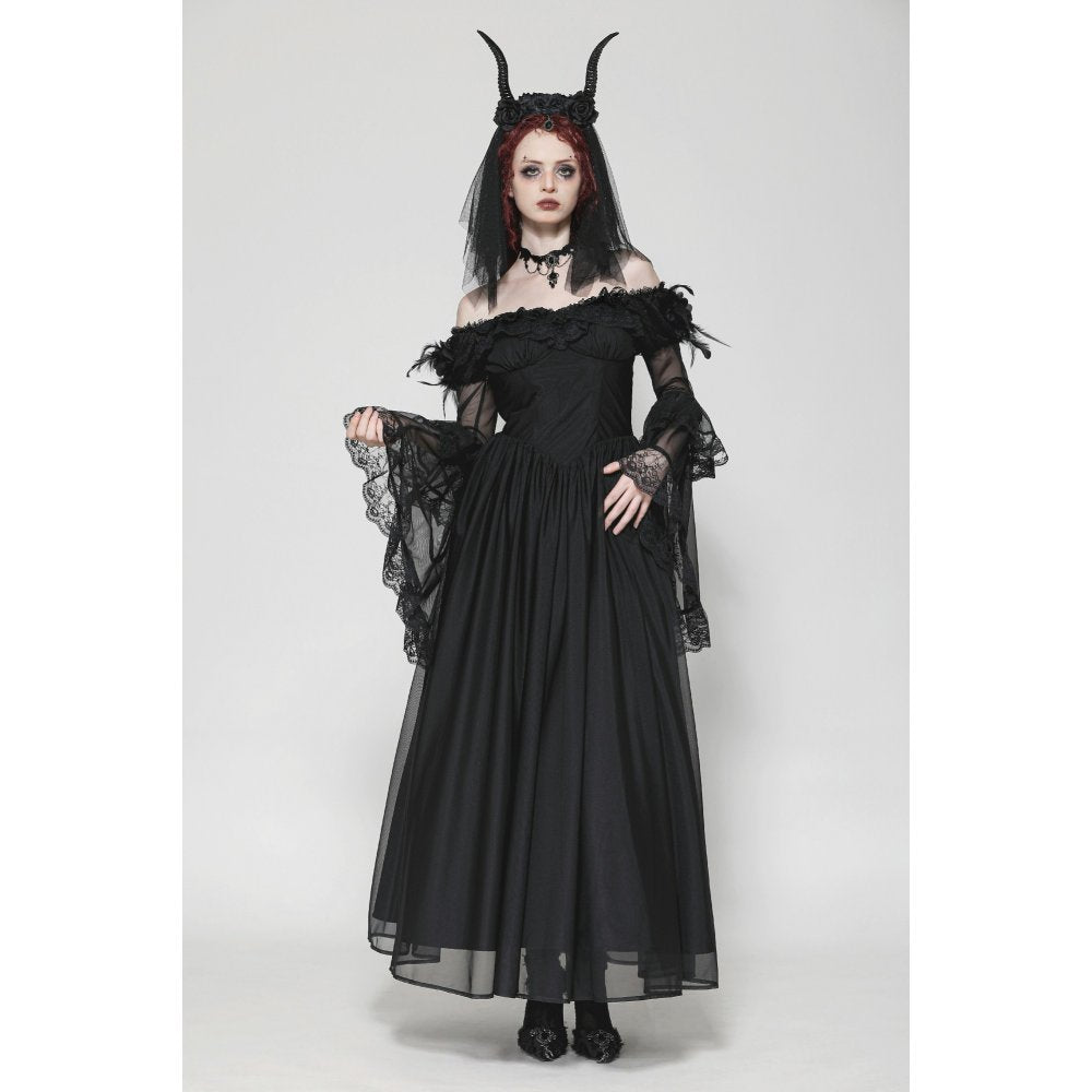 Dark in Love Millicent Black Tulle Feather Gothic Dress with Lace