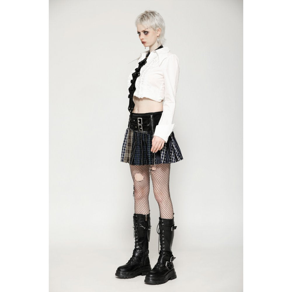 Dark in Love Sage Plaid Patchwork Pleated Mini Skirt with Leather Waist