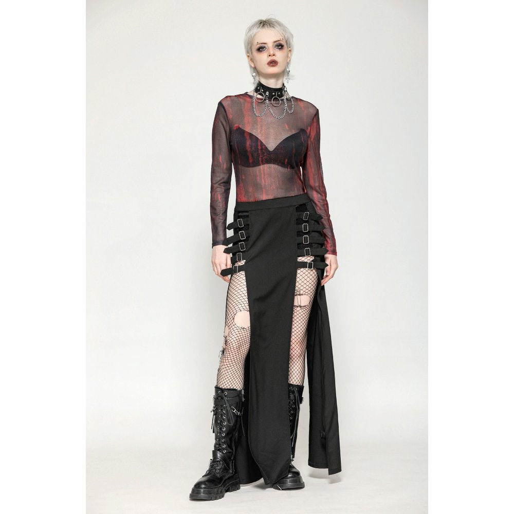 Dark in Love Carson Black and Red Tie-Dye Mesh Gothic Basic Top