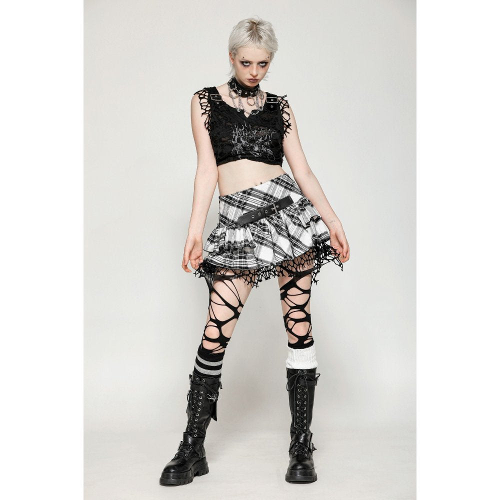 Dark in Love Quinn Punk Checkered Asymmetrical Net Skirt – Black/White