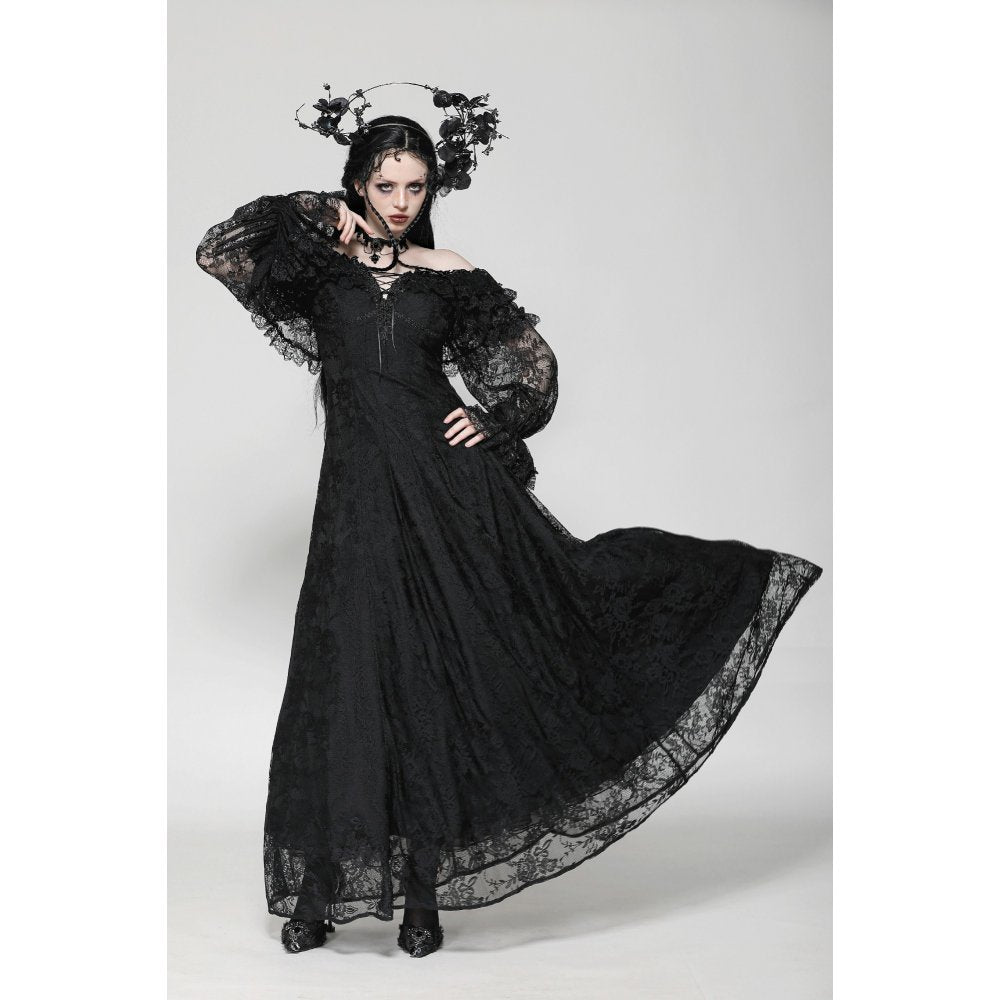 Dark in Love Cosette Gothic Maxi Dress – Lace Ruffle Off-Shoulder