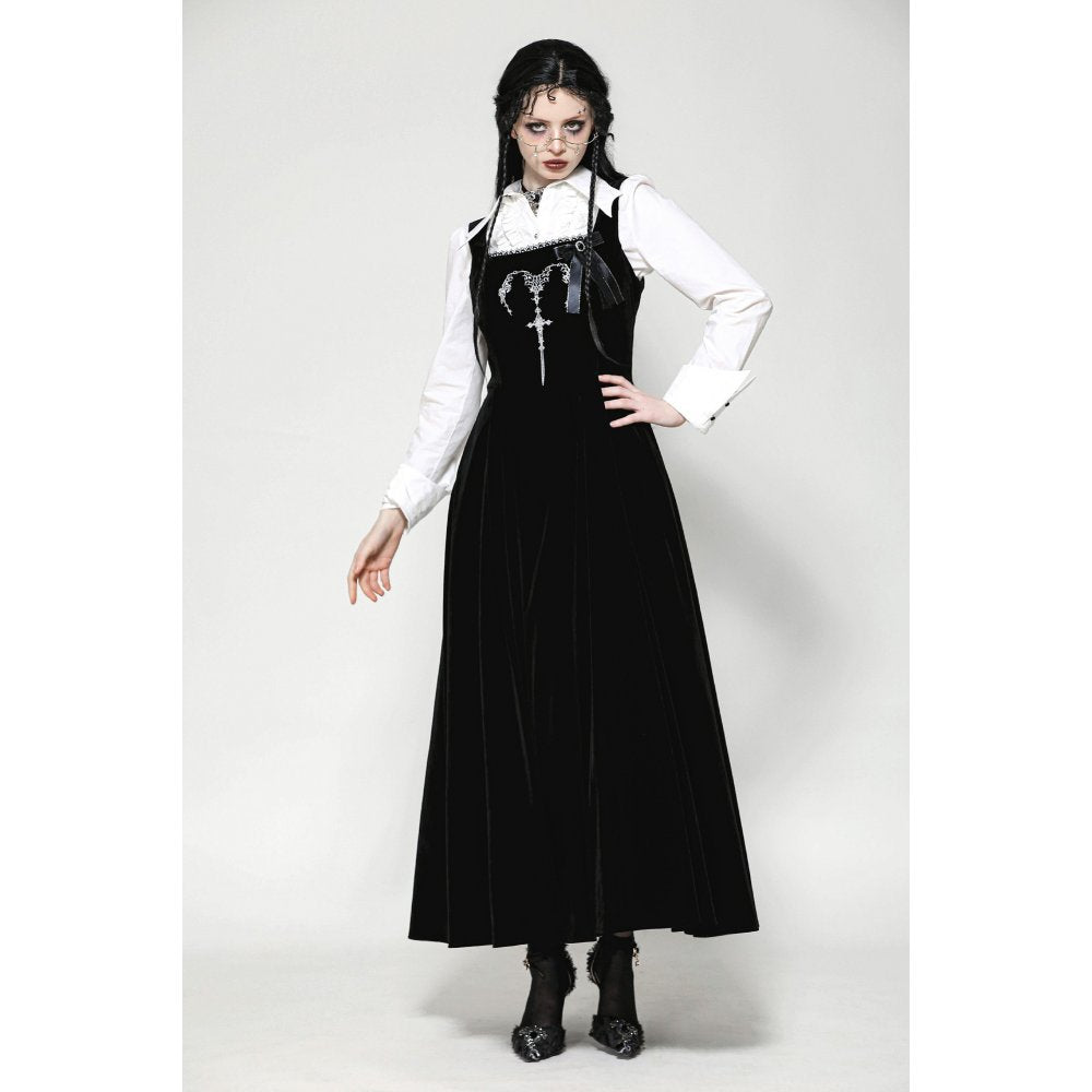 Dark in Love Lux Black Velvet Horn Embroidery Gothic Maxi Dress
