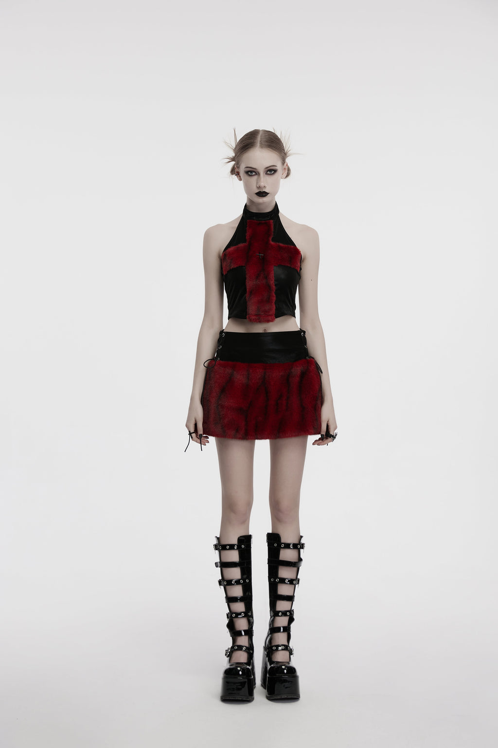 Punk Rave Valora Crimson Cross Faux Fur Halter Top - Gothic Style