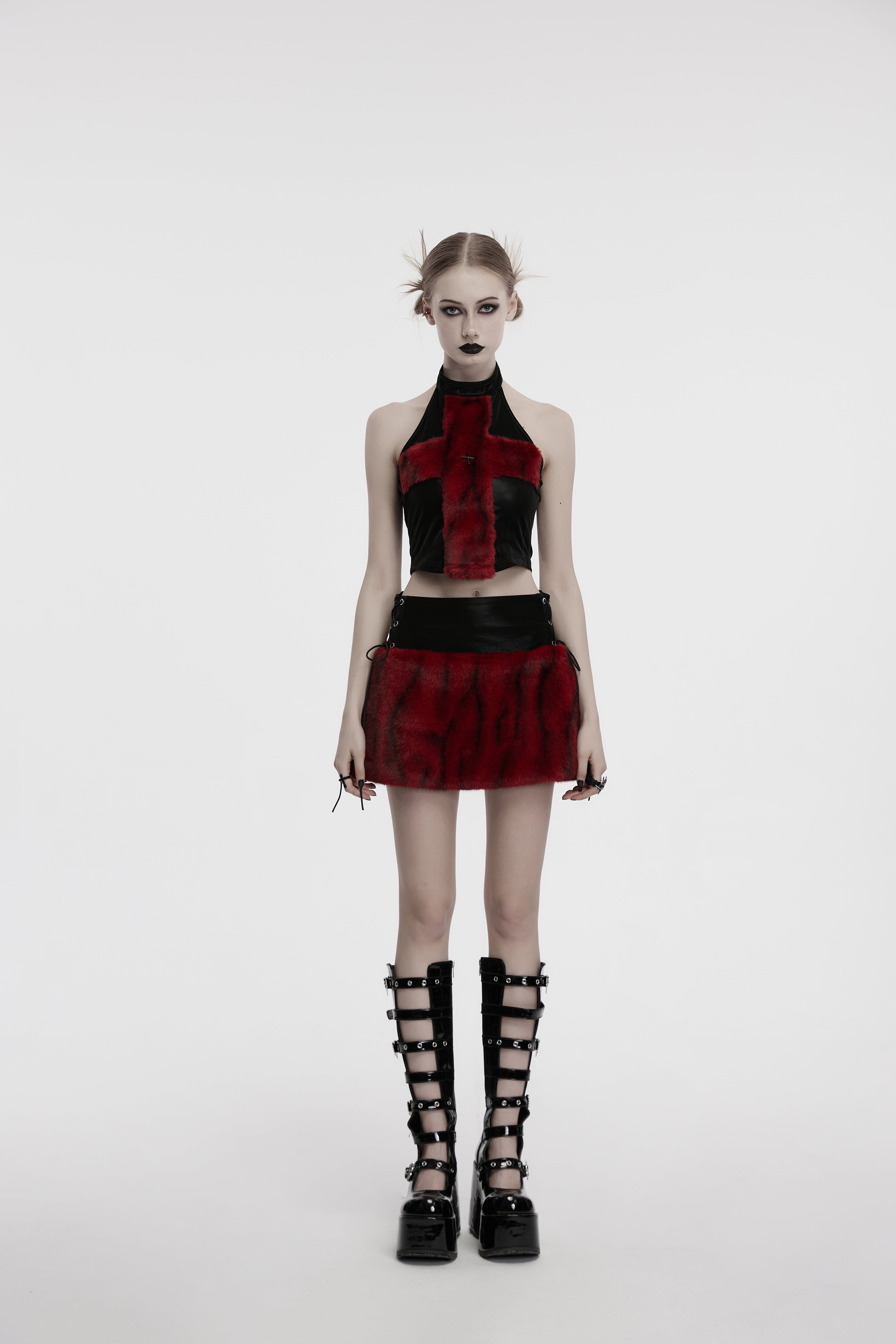 Punk Rave Valora Crimson Cross Faux Fur Halter Top - Gothic Style