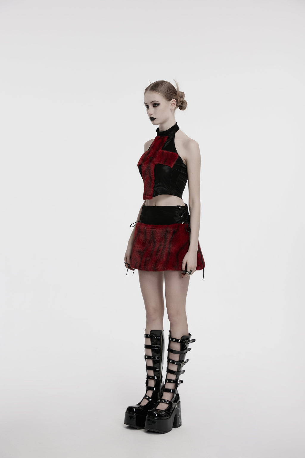 Punk Rave Valora Crimson Cross Faux Fur Halter Top - Gothic Style