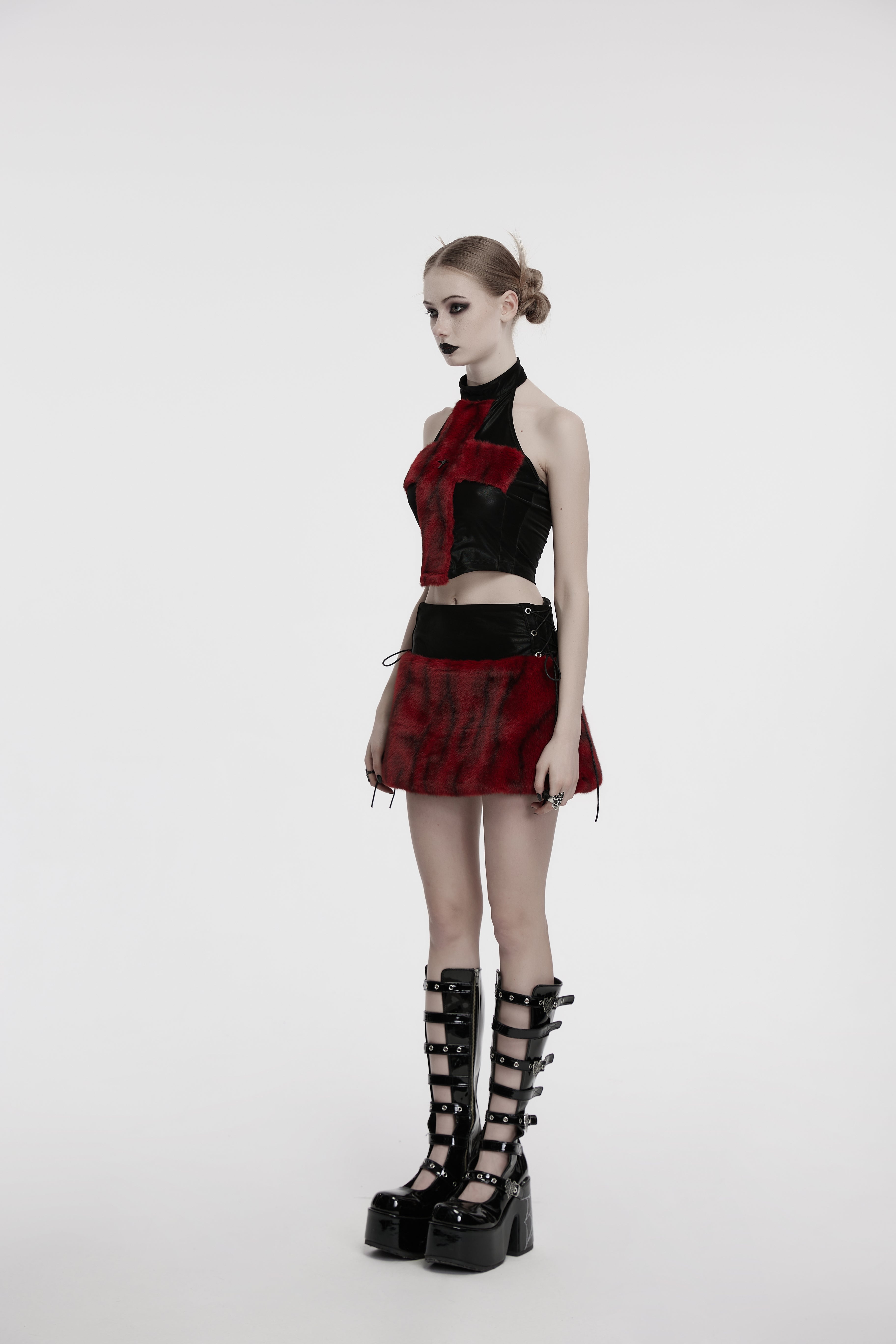 Punk Rave Valora Crimson Cross Faux Fur Halter Top - Gothic Style
