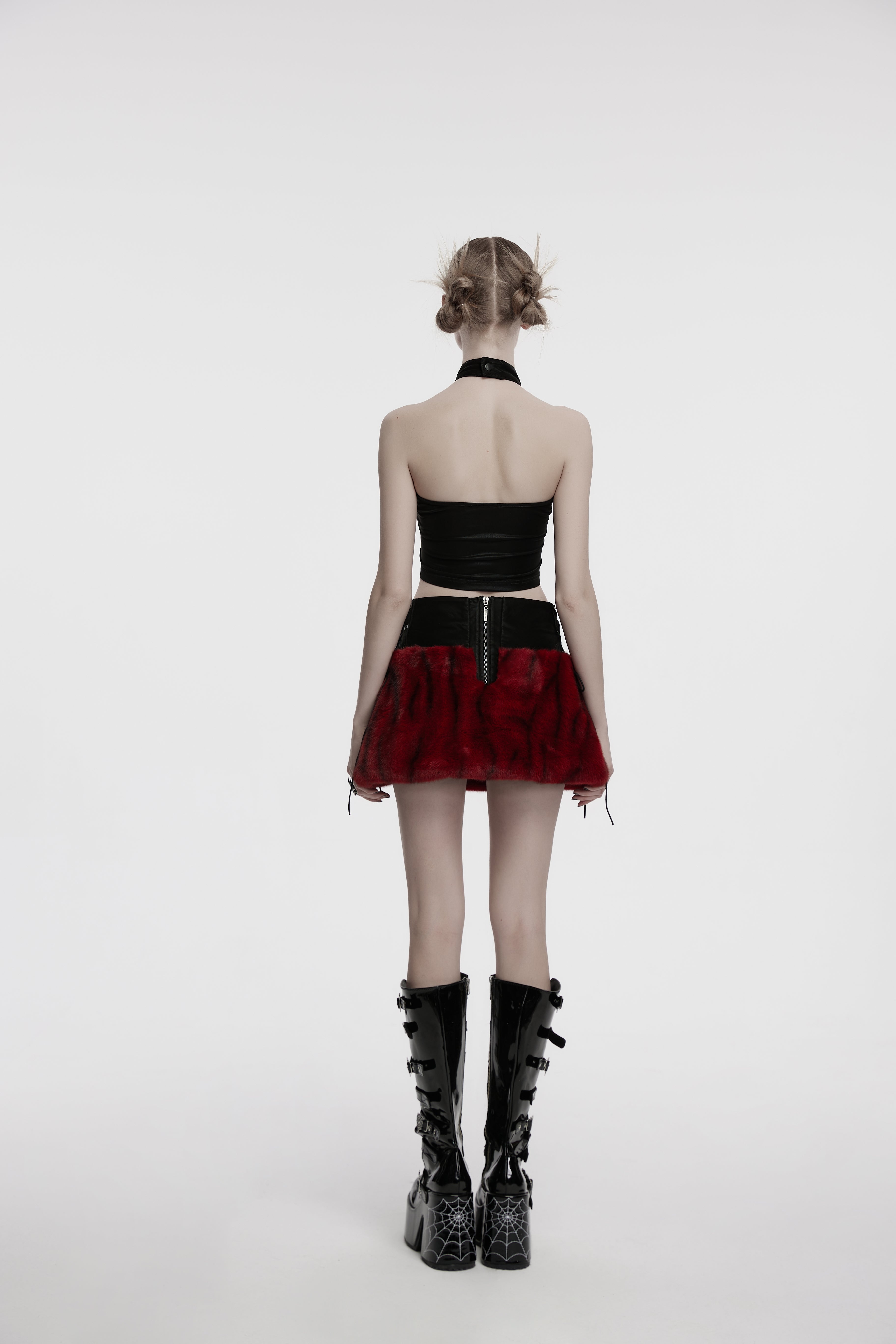 Punk Rave Valora Crimson Cross Faux Fur Halter Top - Gothic Style