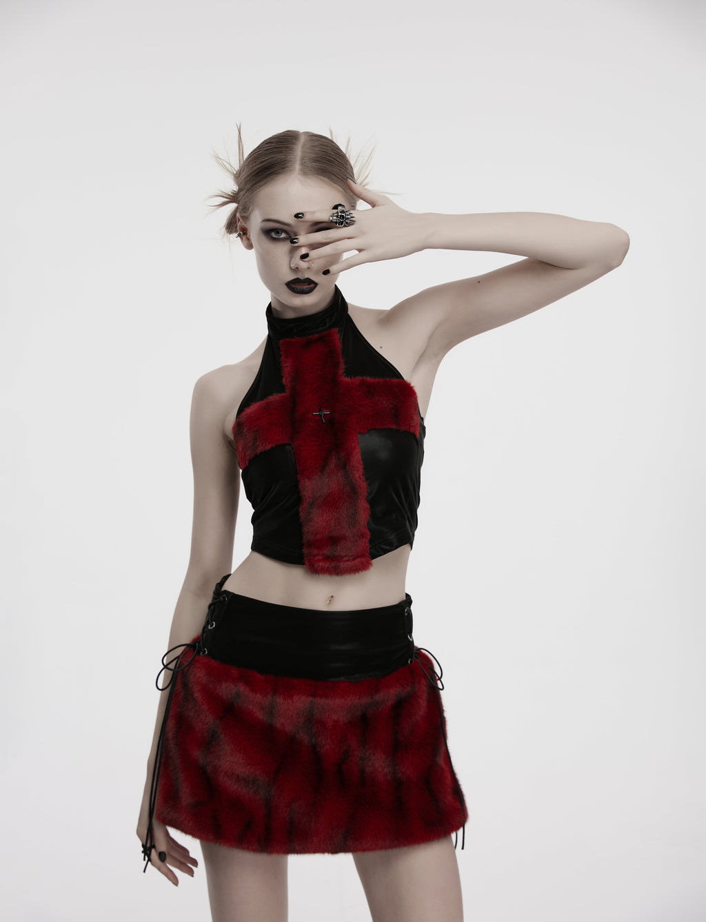 Punk Rave Valora Crimson Cross Faux Fur Halter Top - Gothic Style