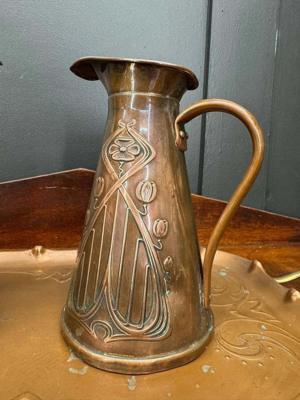Antique Joseph Sankey Copper Jugs & Tray / Art Nouveau Pair Of Pitchers Vases
