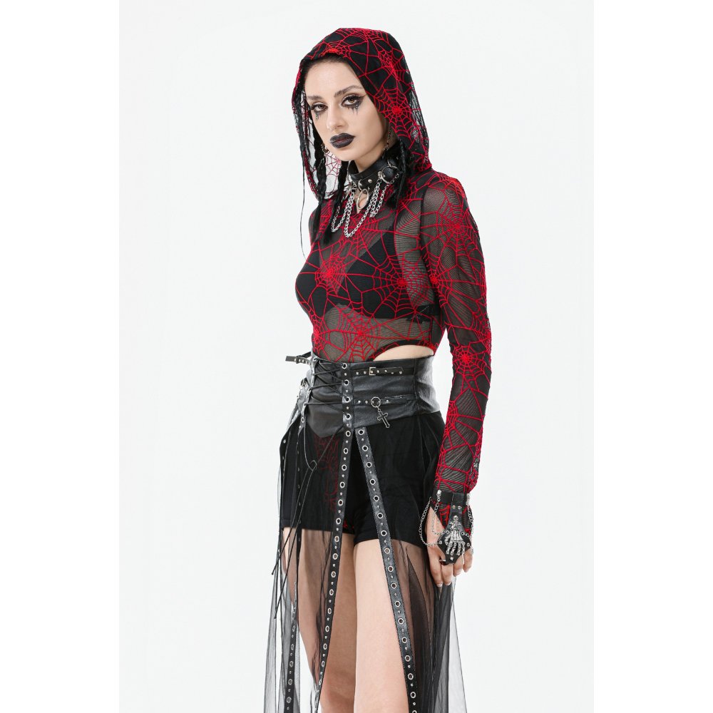 Dark in Love Gothic Sheer Mesh Maxi Skirt with PU Corset Belt - Black