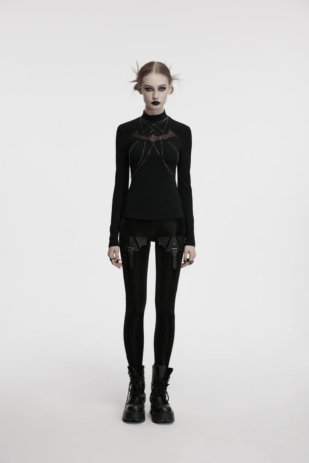 Punk Rave Morrigan Bat Chain Goth Top – Black Mesh Knit Blouse
