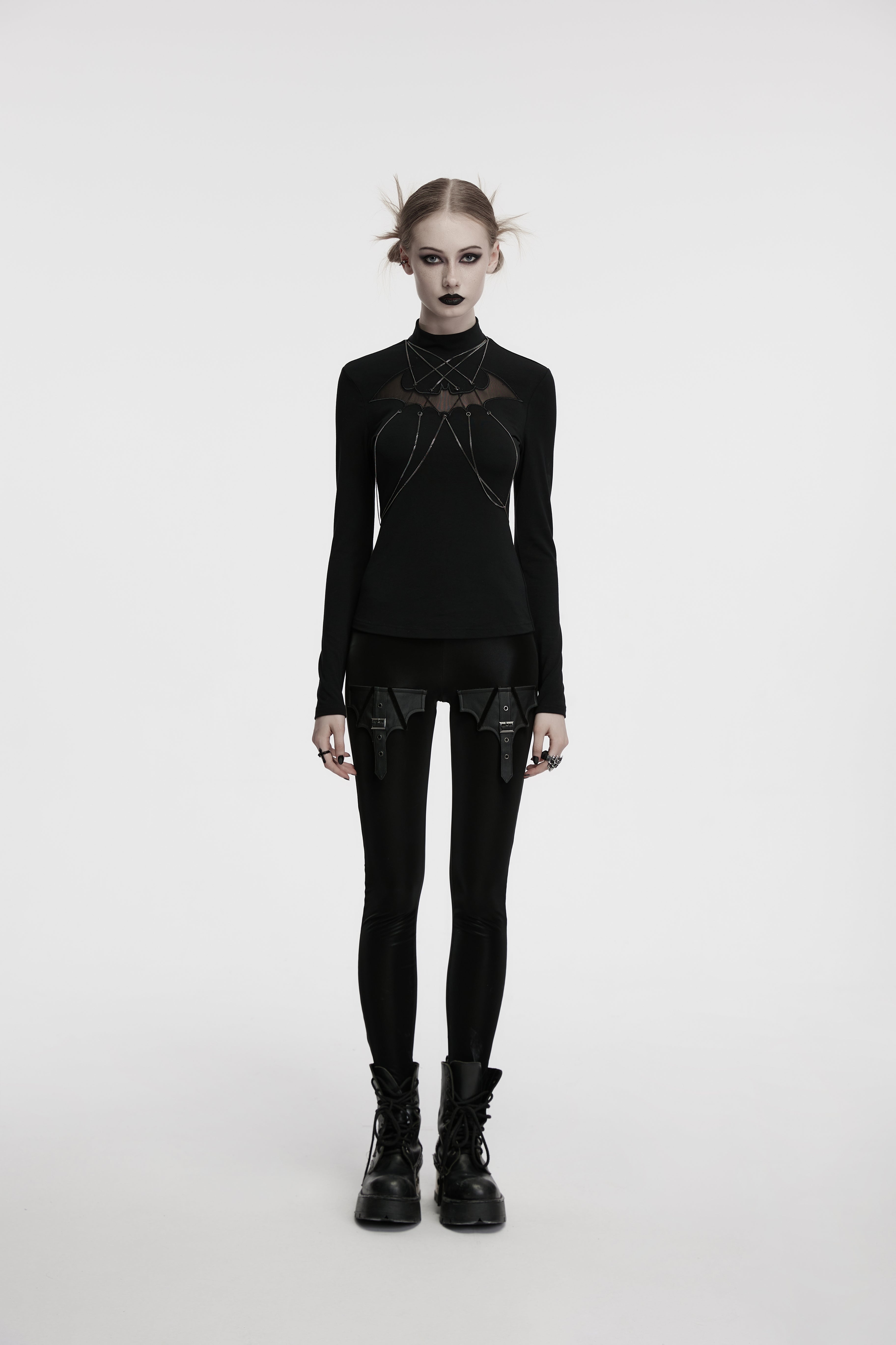 Punk Rave Morrigan Bat Chain Goth Top – Black Mesh Knit Blouse