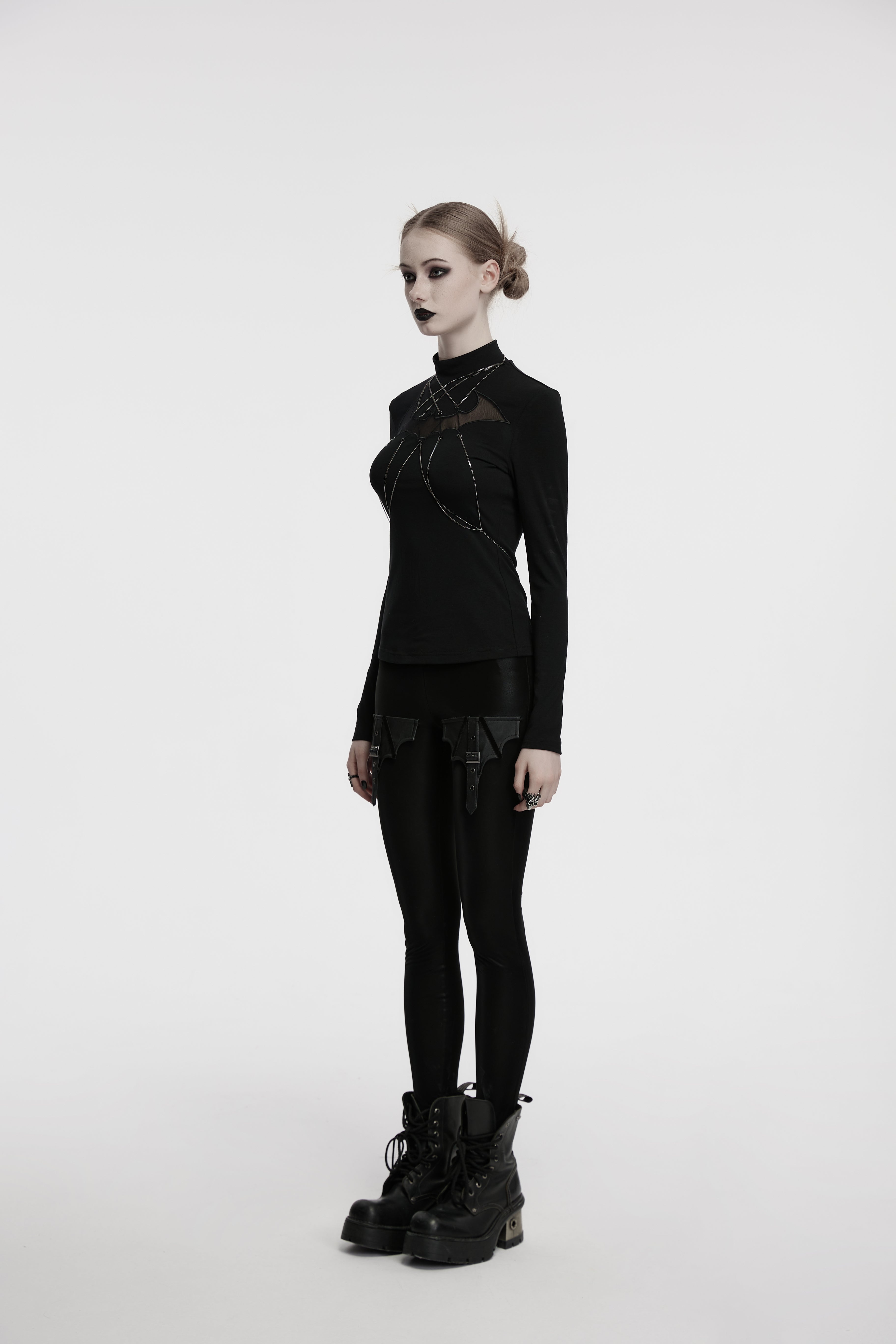 Punk Rave Morrigan Bat Chain Goth Top – Black Mesh Knit Blouse