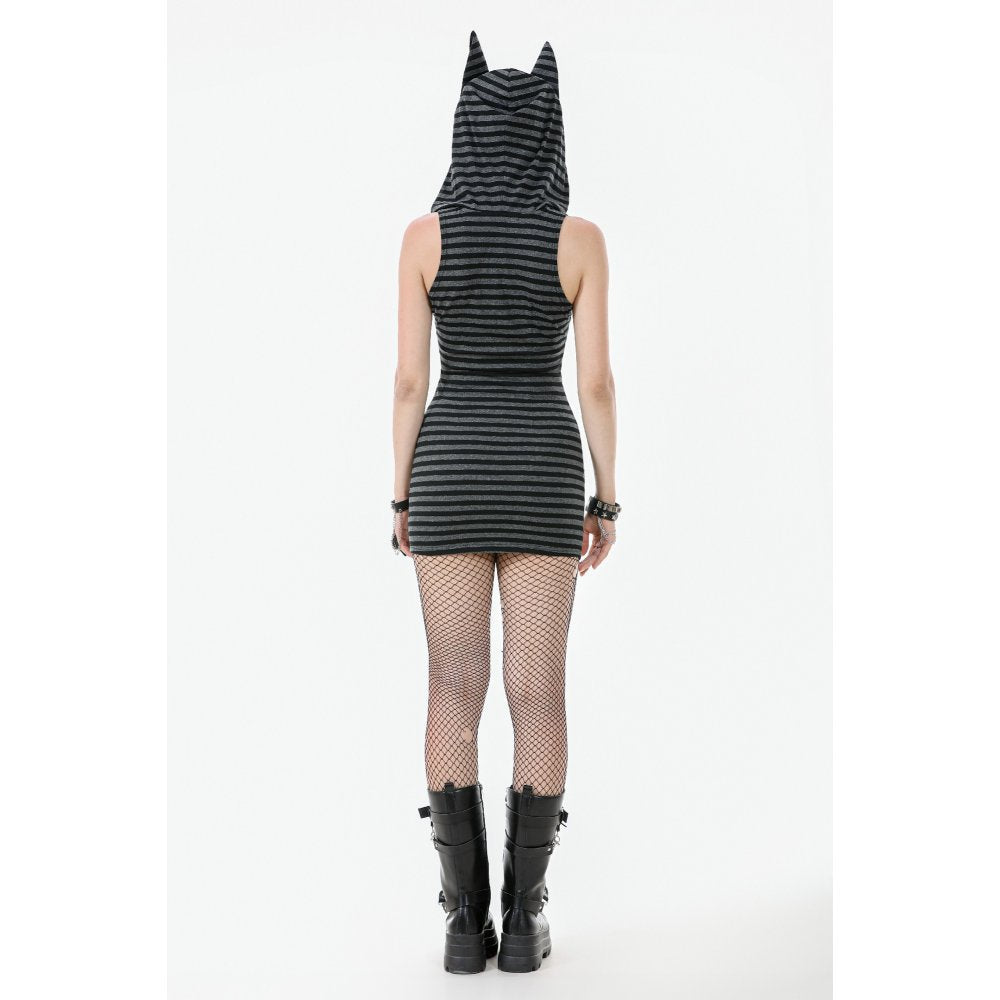 Dark In Love Salem Striped Cat Ear Hoodie Dress – Grey & Black Goth