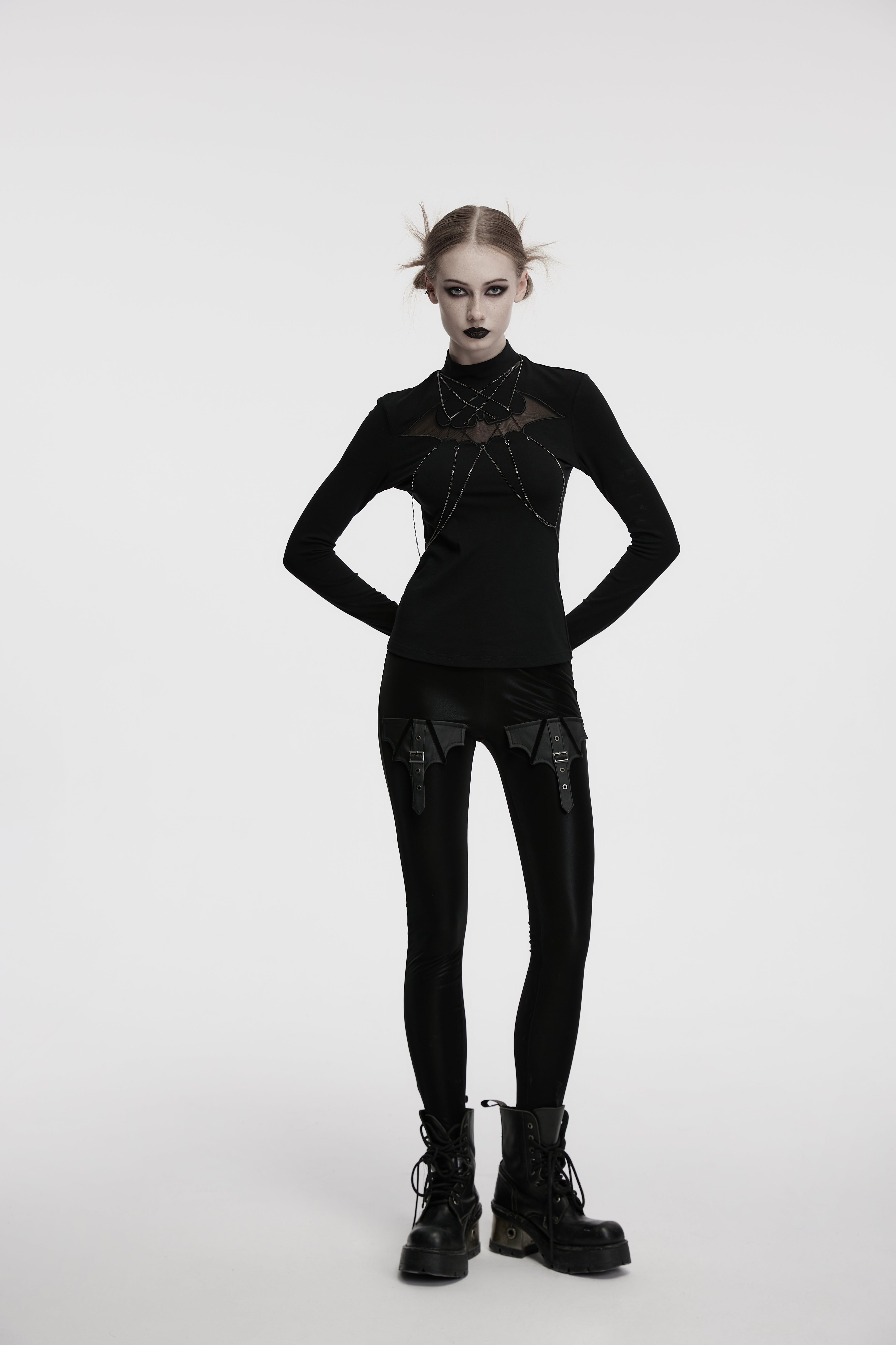 Punk Rave Morrigan Bat Chain Goth Top – Black Mesh Knit Blouse