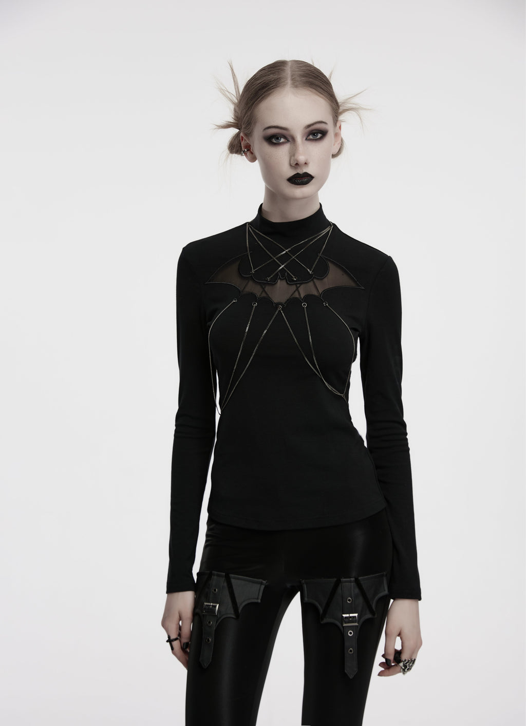 Punk Rave Morrigan Bat Chain Goth Top – Black Mesh Knit Blouse