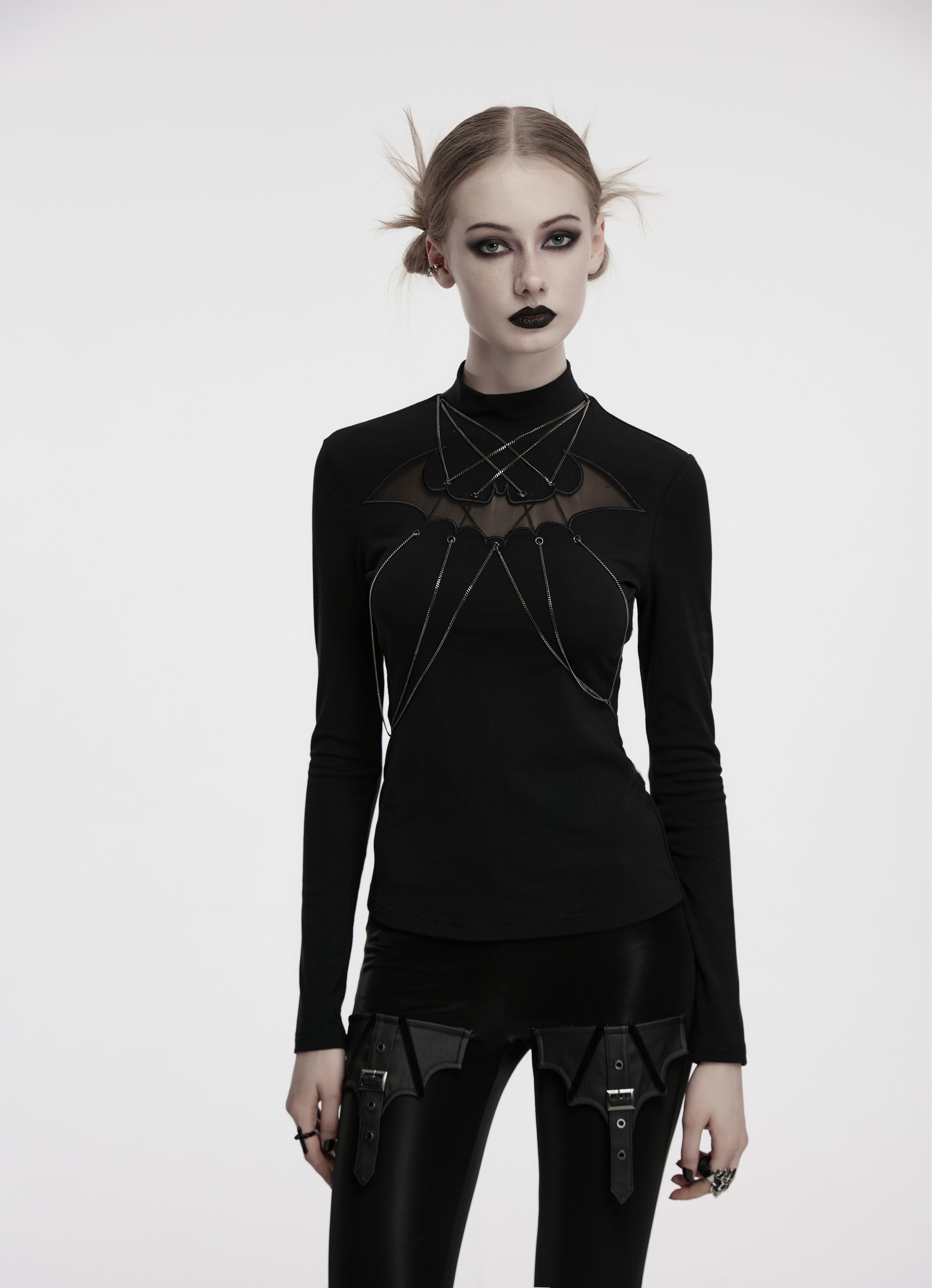 Punk Rave Morrigan Bat Chain Goth Top – Black Mesh Knit Blouse