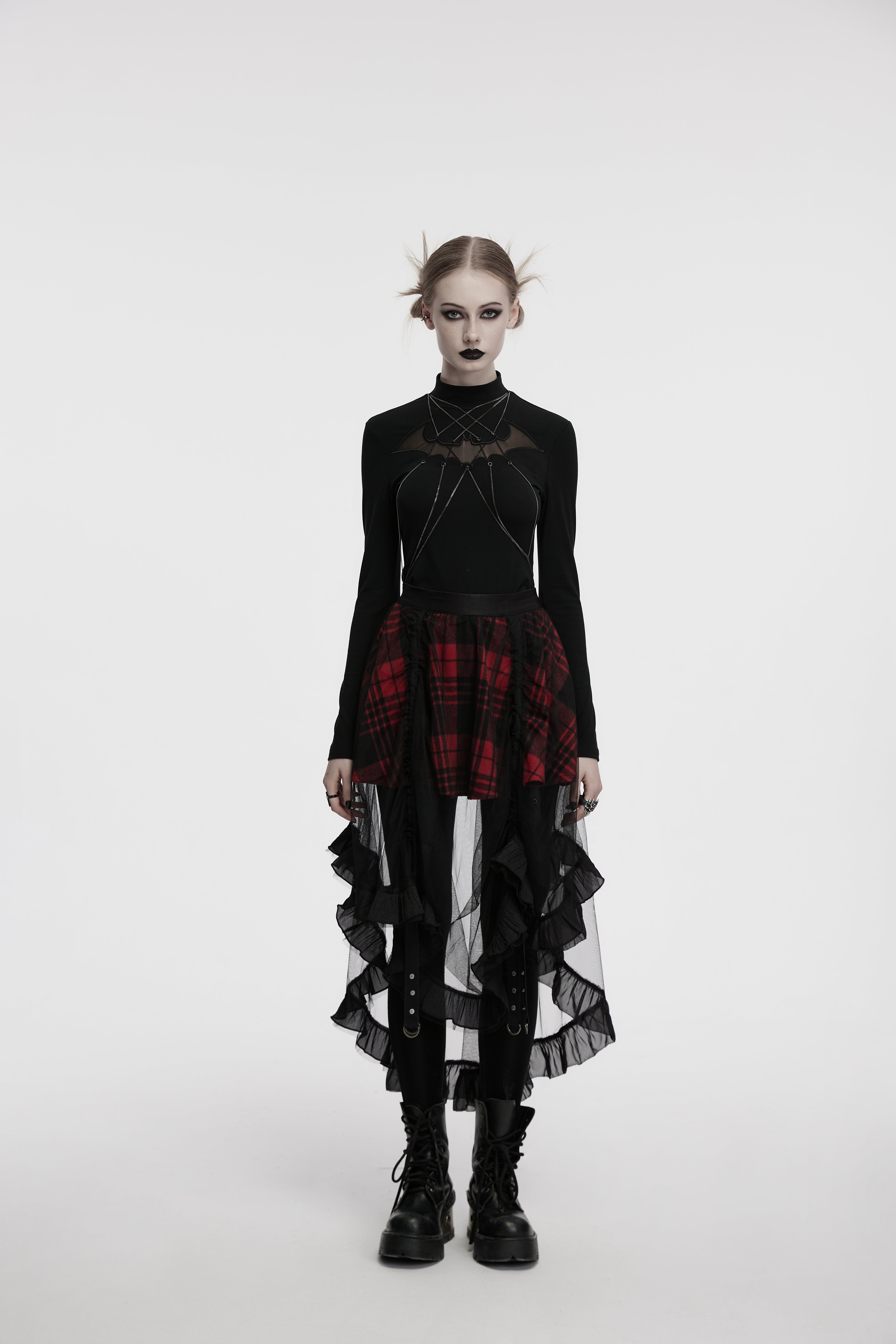 Punk Rave Morrigan Red Plaid Mesh High-Low Skirt with Studded Straps