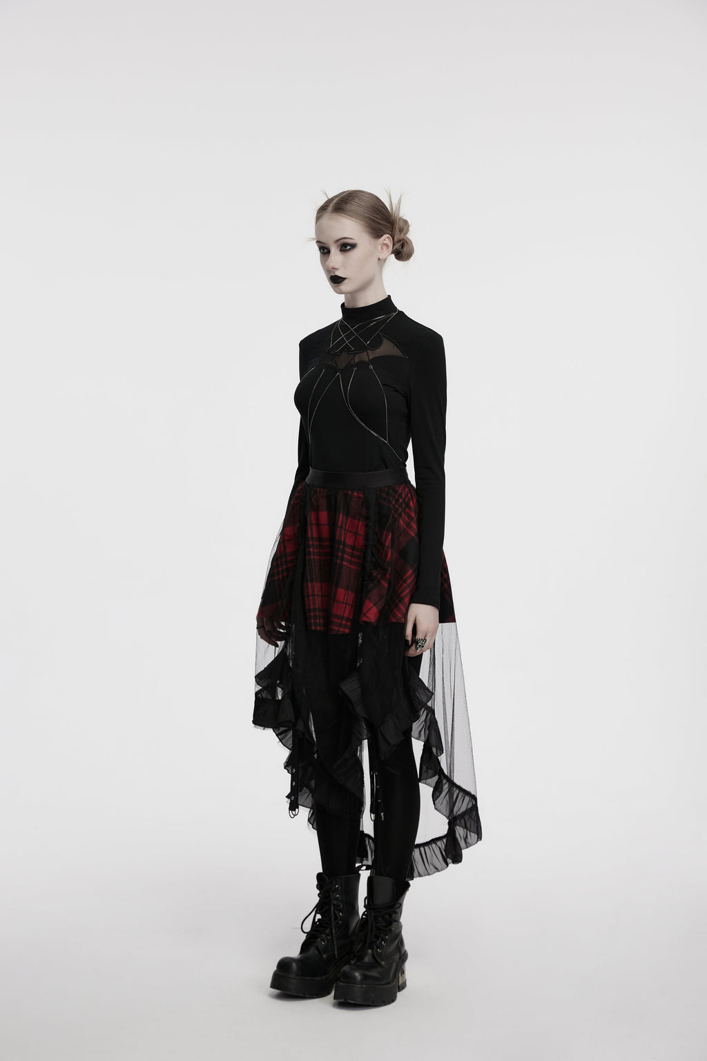 Punk Rave Morrigan Red Plaid Mesh High-Low Skirt with Studded Straps