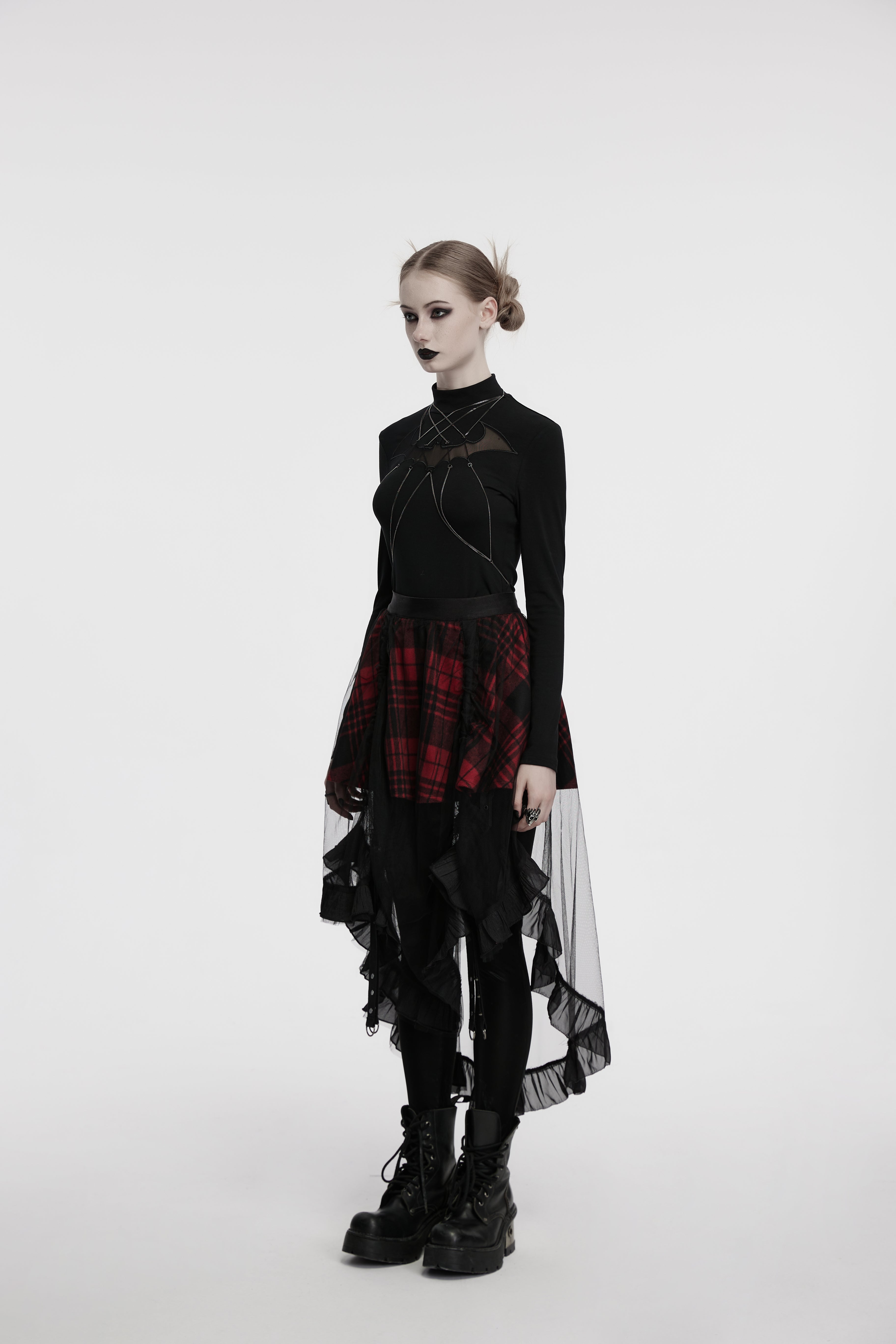 Punk Rave Morrigan Red Plaid Mesh High-Low Skirt with Studded Straps