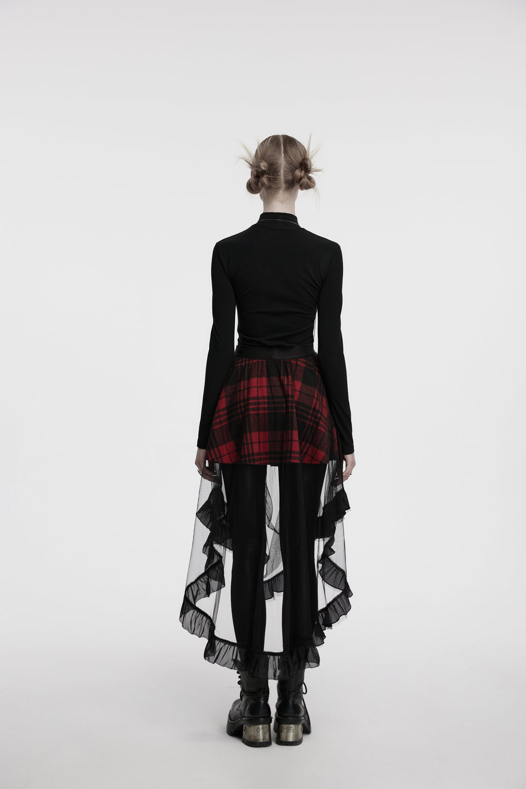 Punk Rave Morrigan Red Plaid Mesh High-Low Skirt with Studded Straps