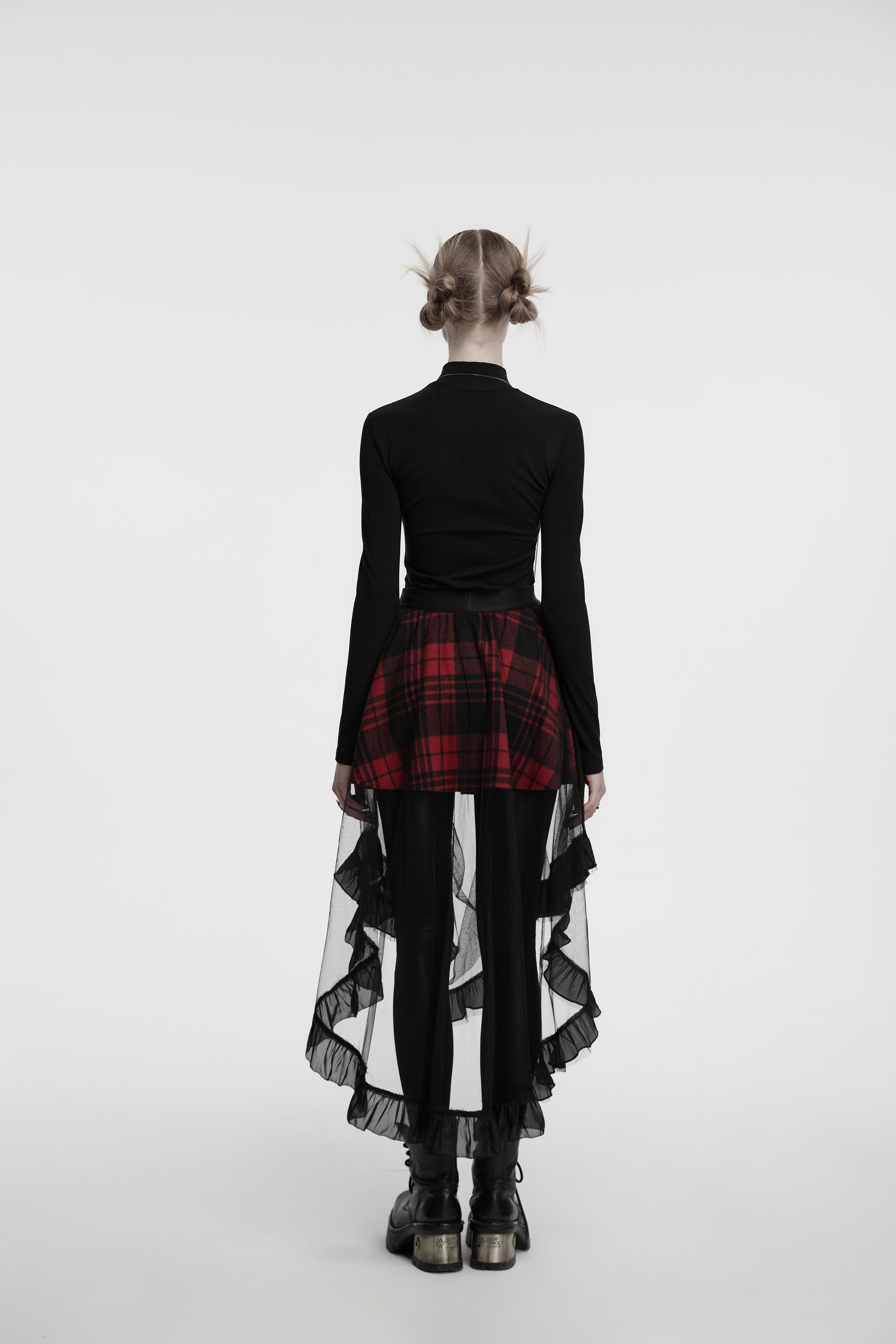 Punk Rave Morrigan Red Plaid Mesh High-Low Skirt with Studded Straps