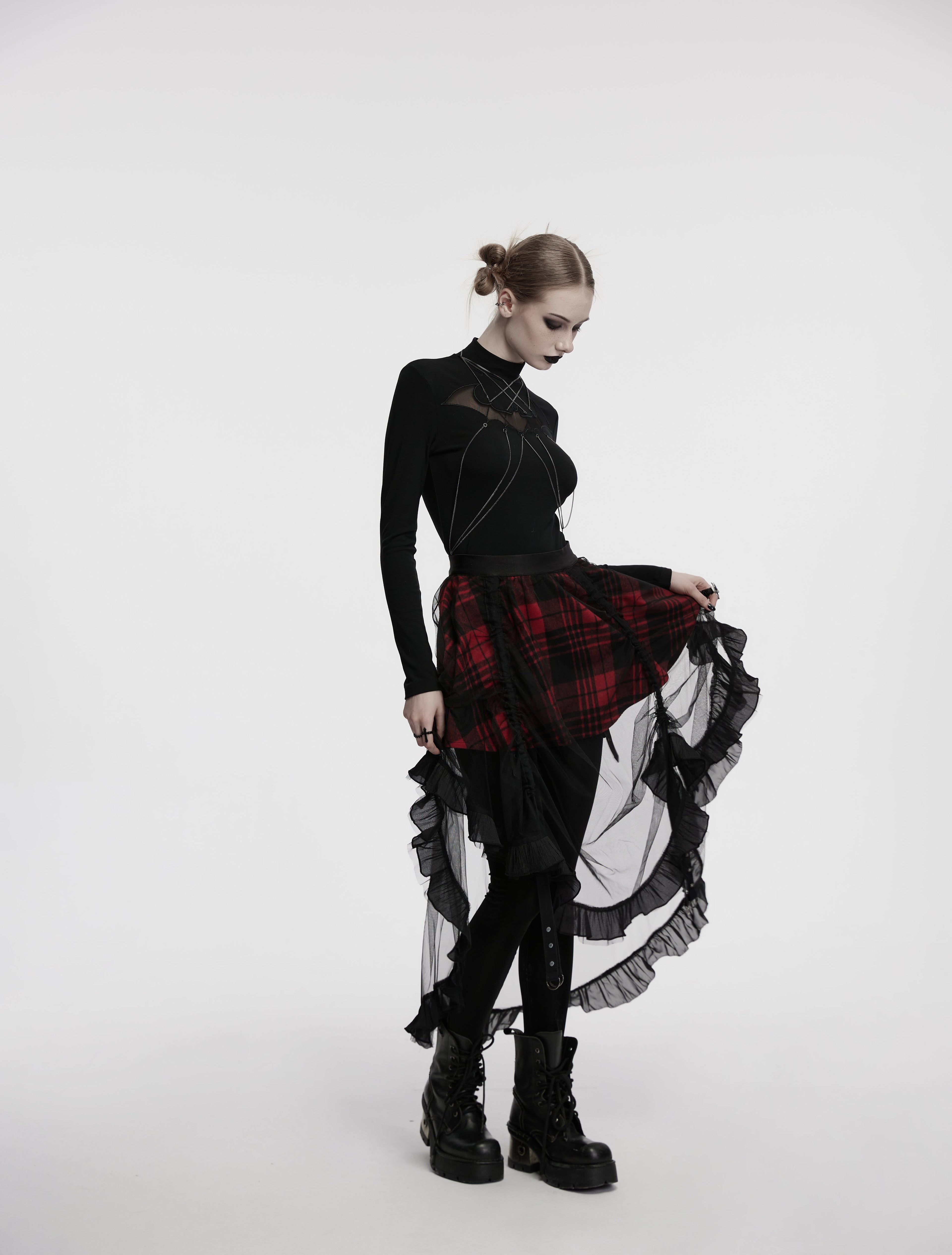 Punk Rave Morrigan Red Plaid Mesh High-Low Skirt with Studded Straps