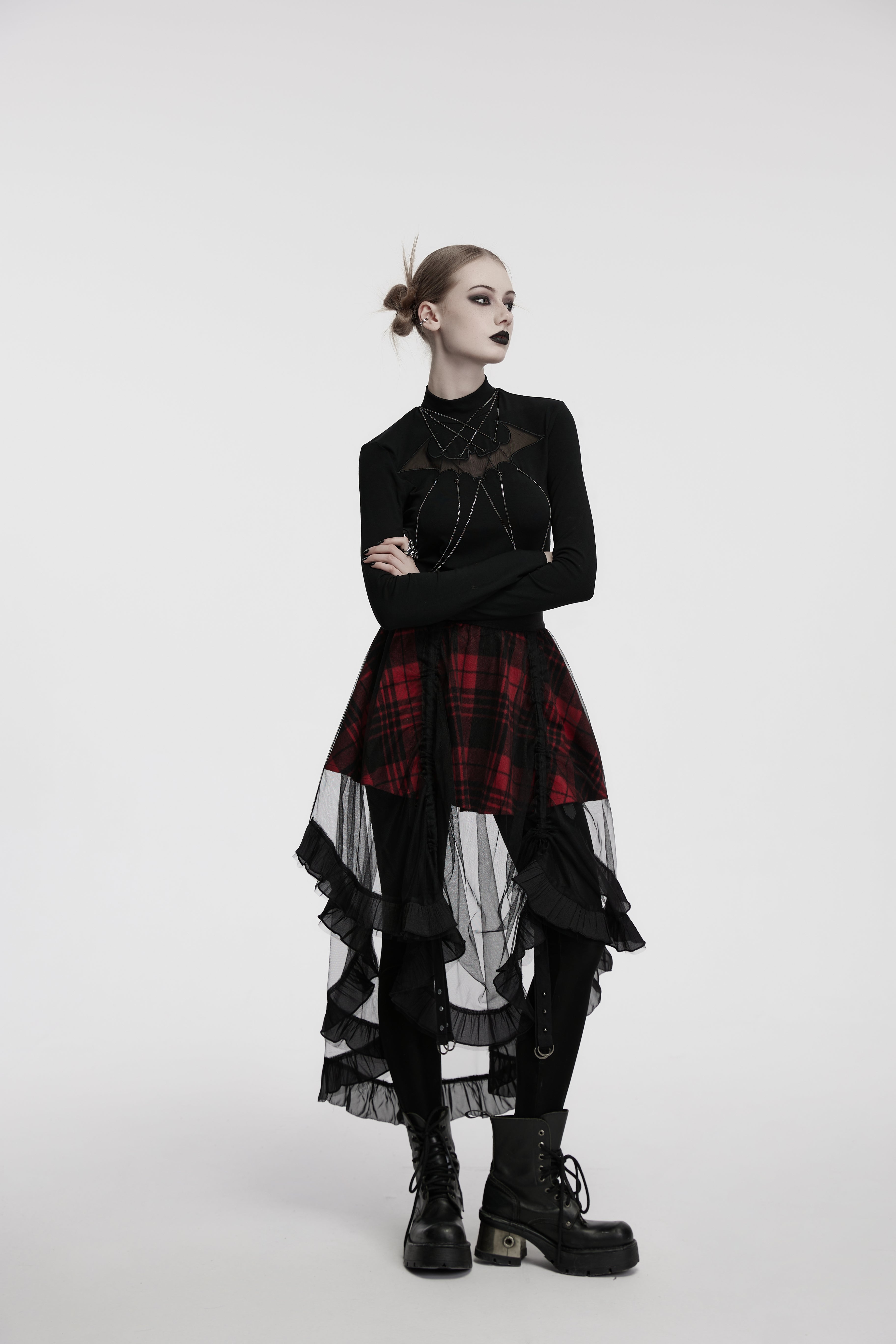 Punk Rave Morrigan Red Plaid Mesh High-Low Skirt with Studded Straps