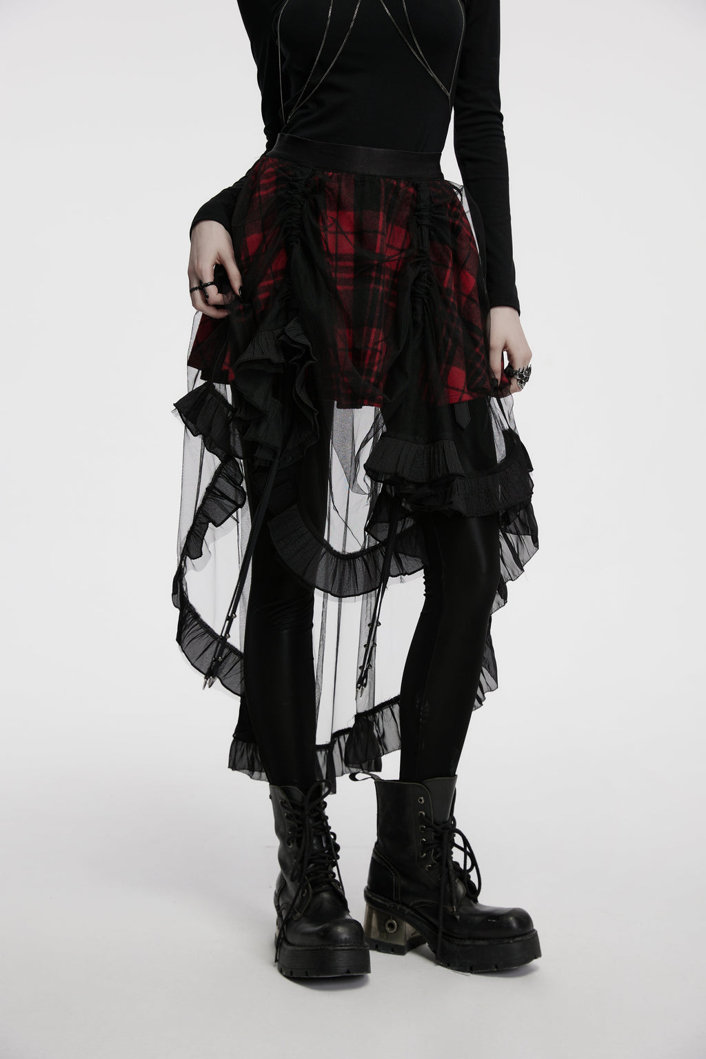 Punk Rave Morrigan Red Plaid Mesh High-Low Skirt with Studded Straps
