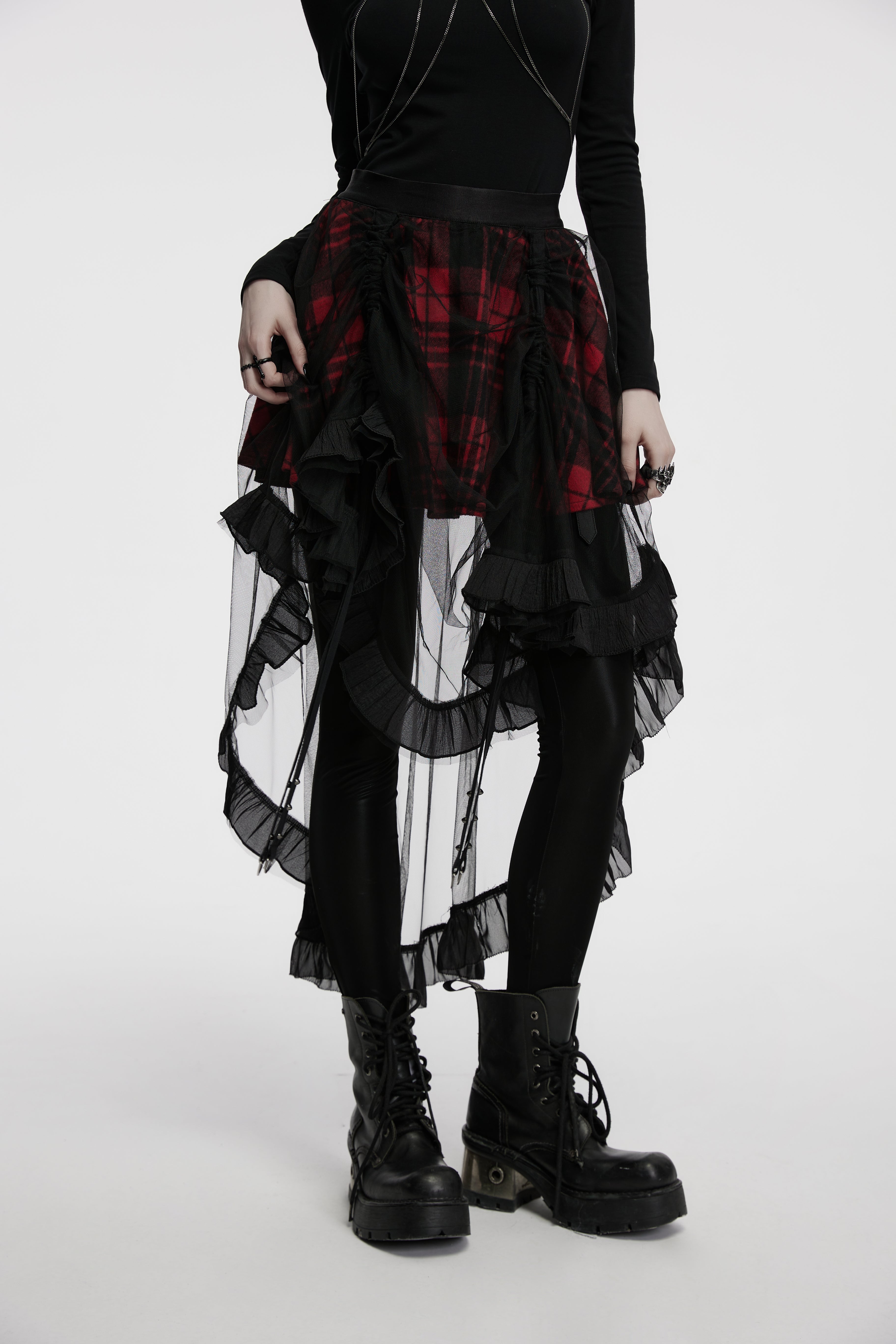 Punk Rave Morrigan Red Plaid Mesh High-Low Skirt with Studded Straps