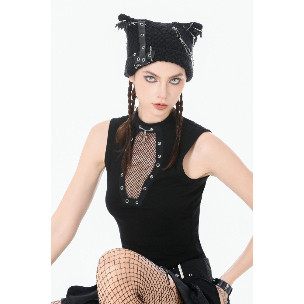 Dark in Love Punk Coffin Mesh Panel Top – Sleeveless Gothic Cotton Top