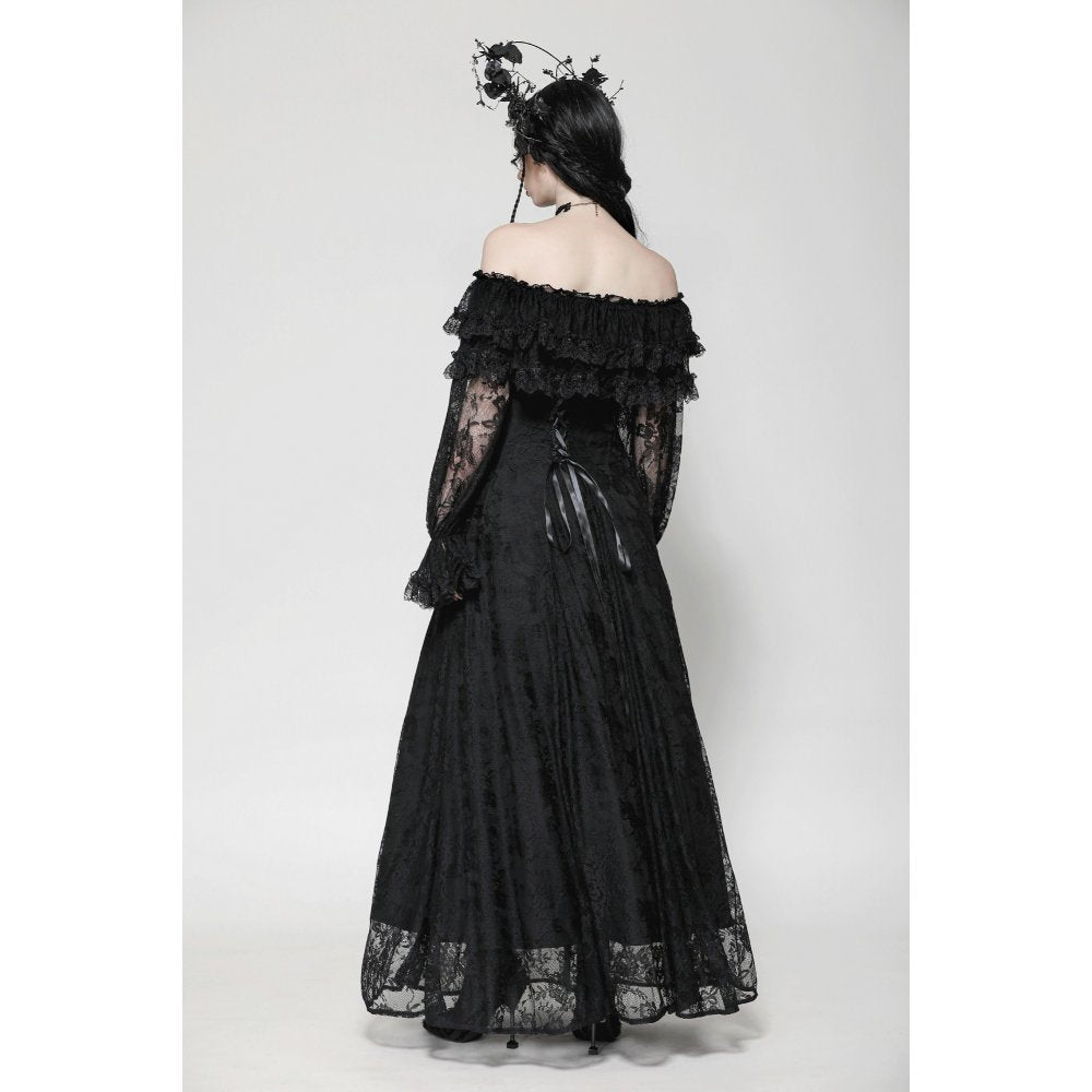 Dark in Love Cosette Gothic Maxi Dress – Lace Ruffle Off-Shoulder