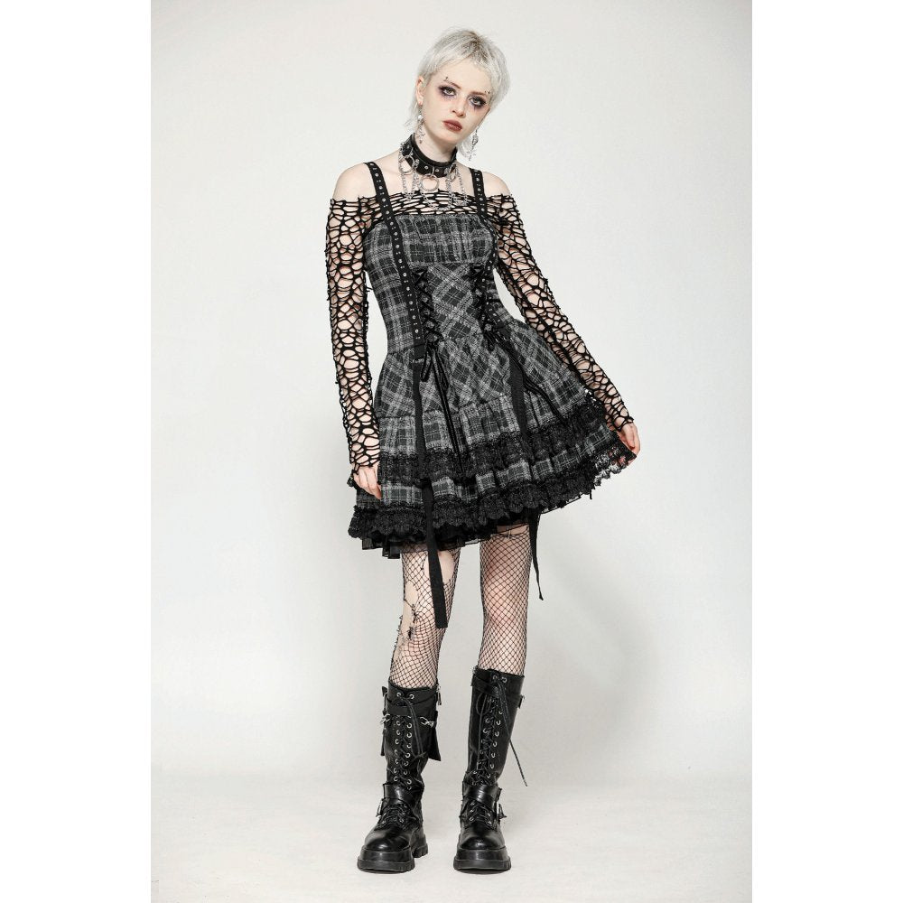 Dark in Love Ida Grey Tartan Punk Dress | Studded Gothic Lolita Style