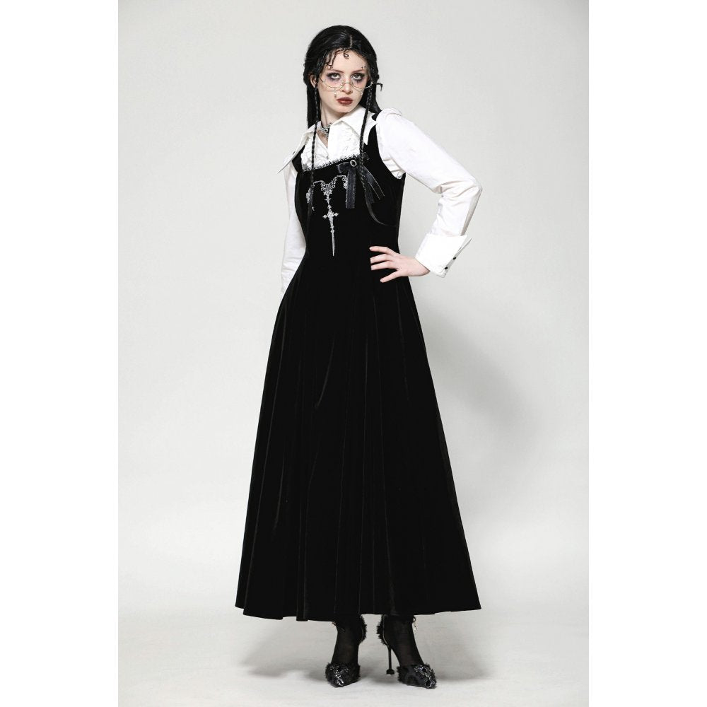 Dark in Love Lux Black Velvet Horn Embroidery Gothic Maxi Dress