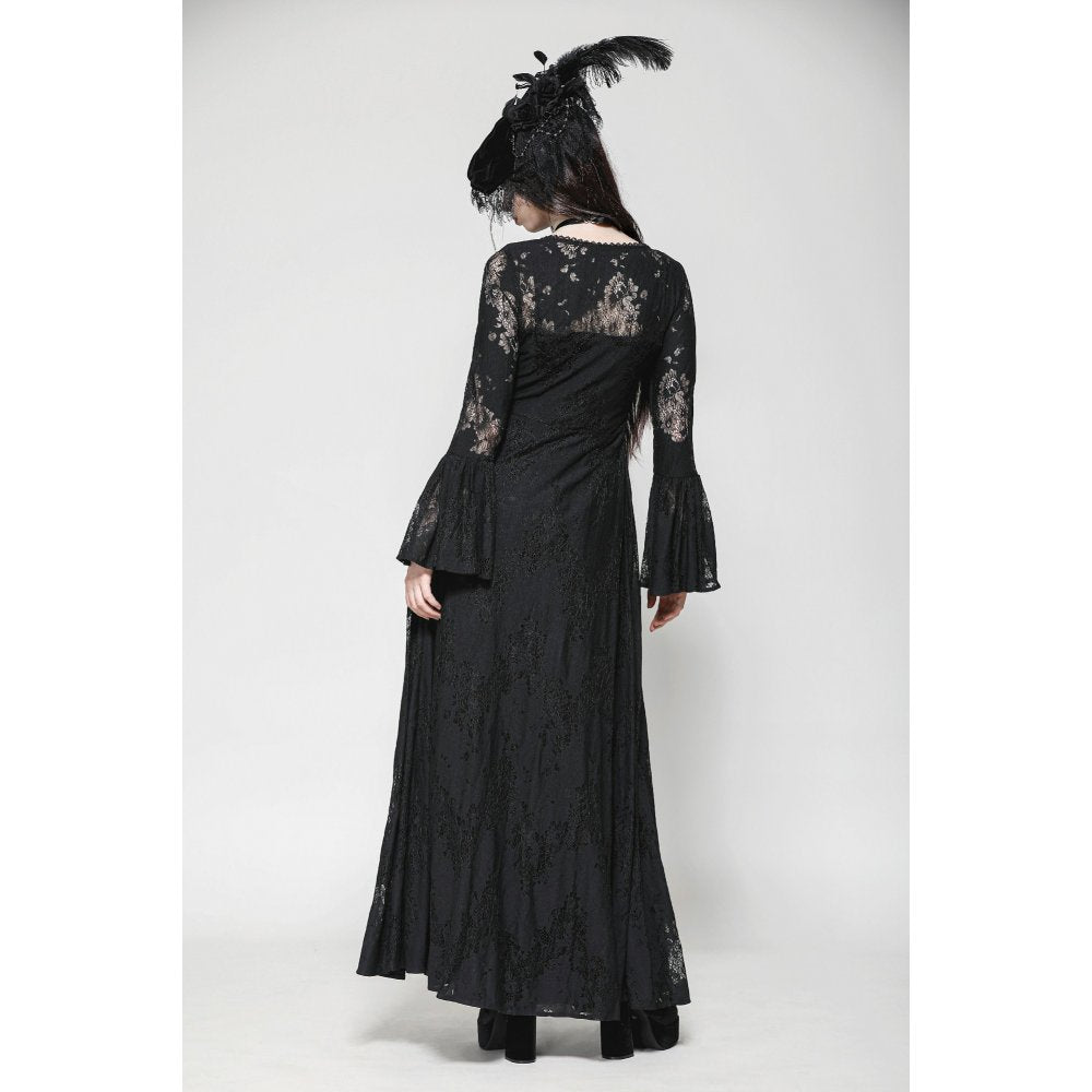 Dark in Love Emersyn Gothic Long Robe – Floral Lace Bell Sleeve