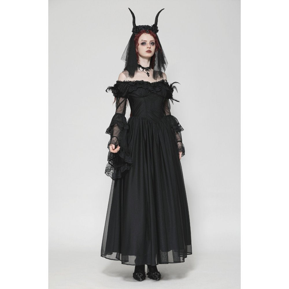 Dark in Love Millicent Black Tulle Feather Gothic Dress with Lace