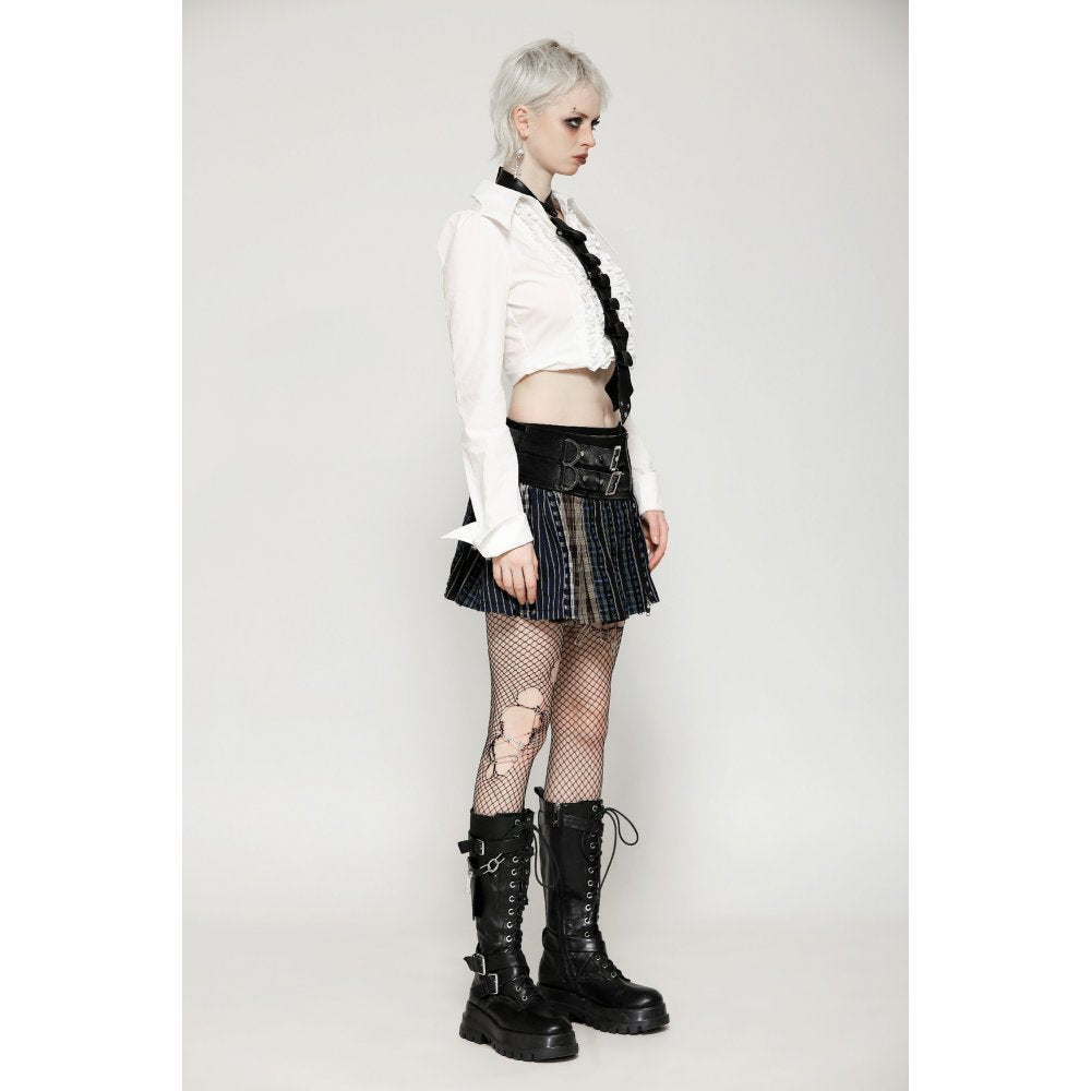 Dark in Love Sage Plaid Patchwork Pleated Mini Skirt with Leather Waist