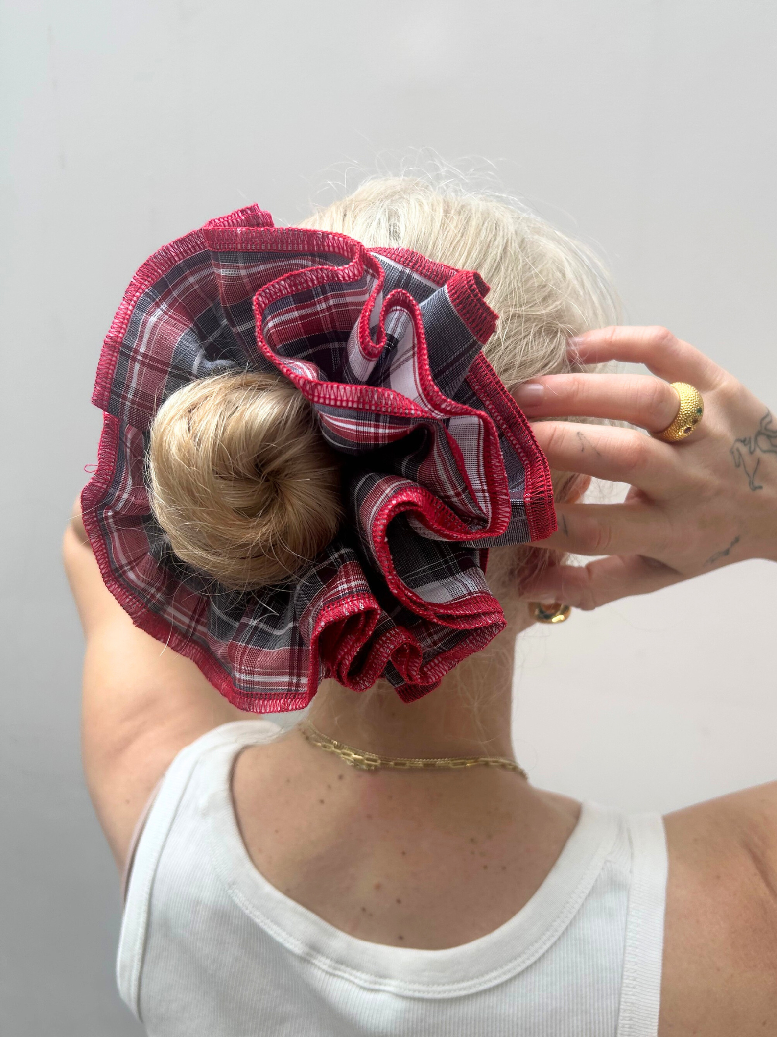 No More Nobody Azaria Organic Linen Scrunchie – Black & Red Check