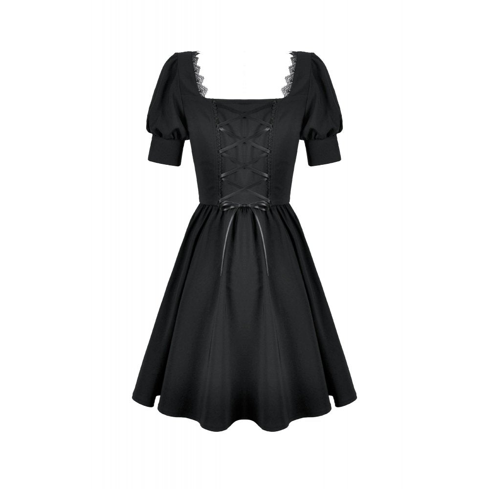 Dark in Love Gothic Lace Square-Neck Puff Sleeve Dress – Black