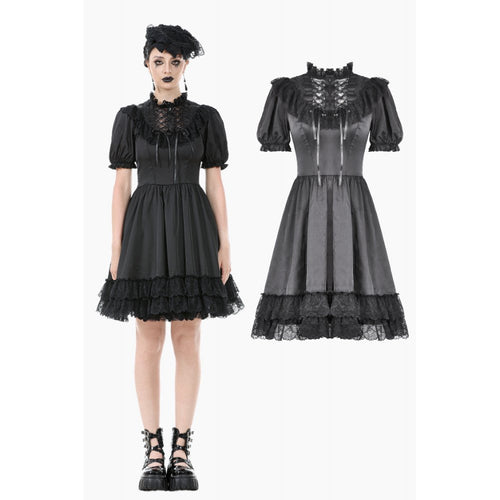 Dark in Love Belladonna Goth Dress – Black Lace-Up Puff Sleeve